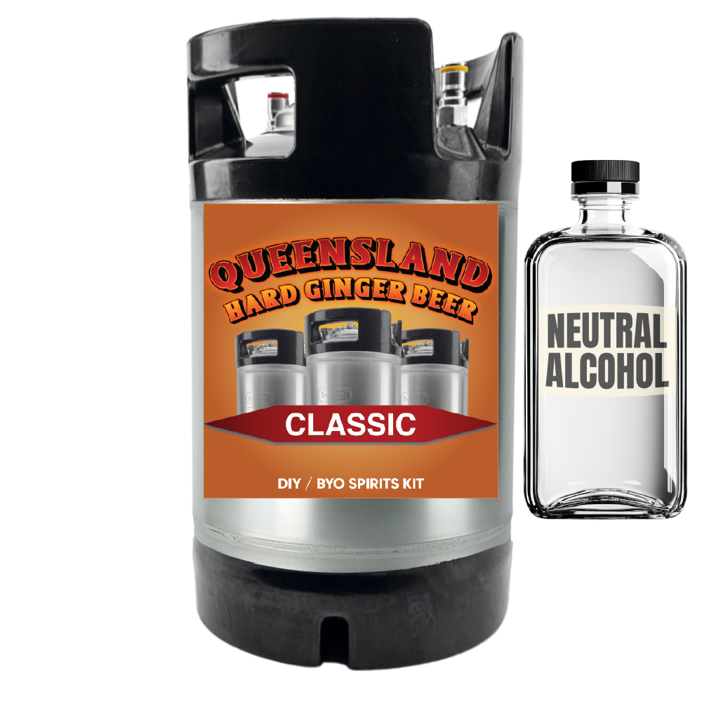 Queensland Hard Ginger Beer keg and neutral alcohol bottle on a white background