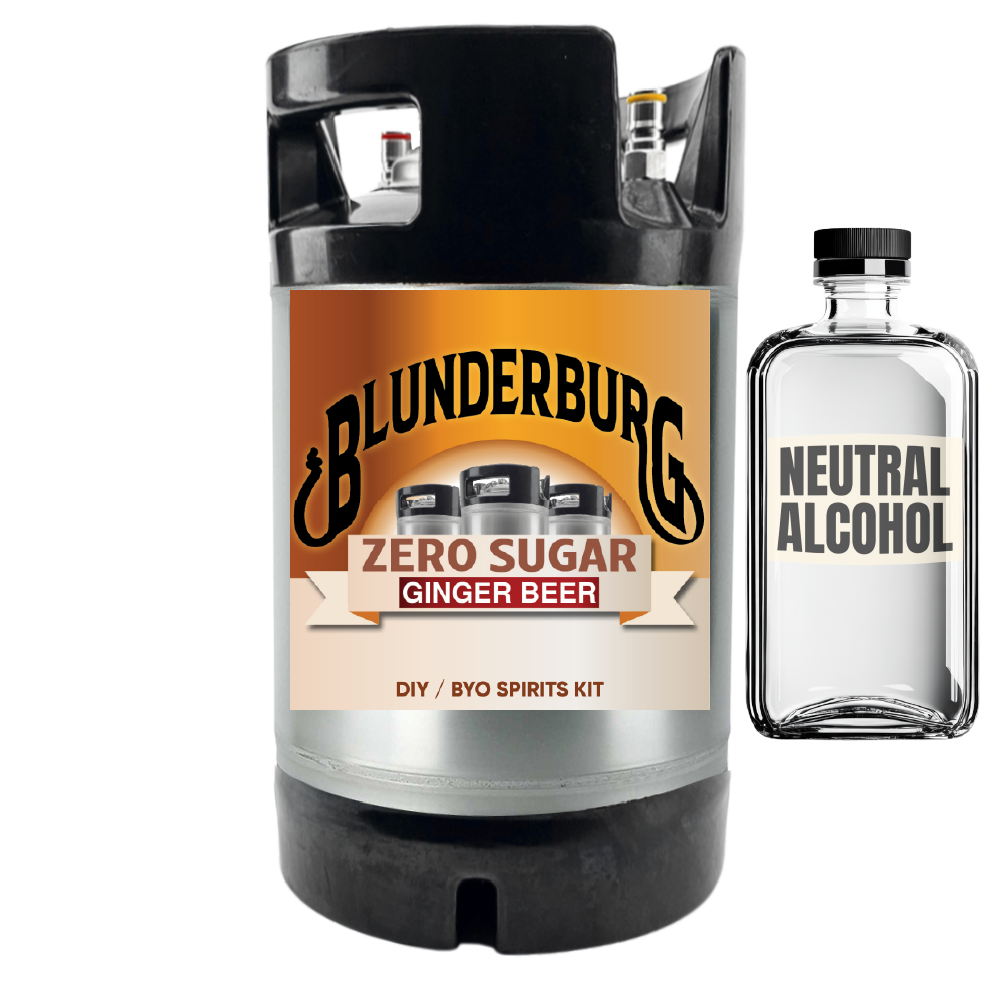 Blunderburg Zero Sugar Ginger Beer keg and neutral alcohol bottle on a white background