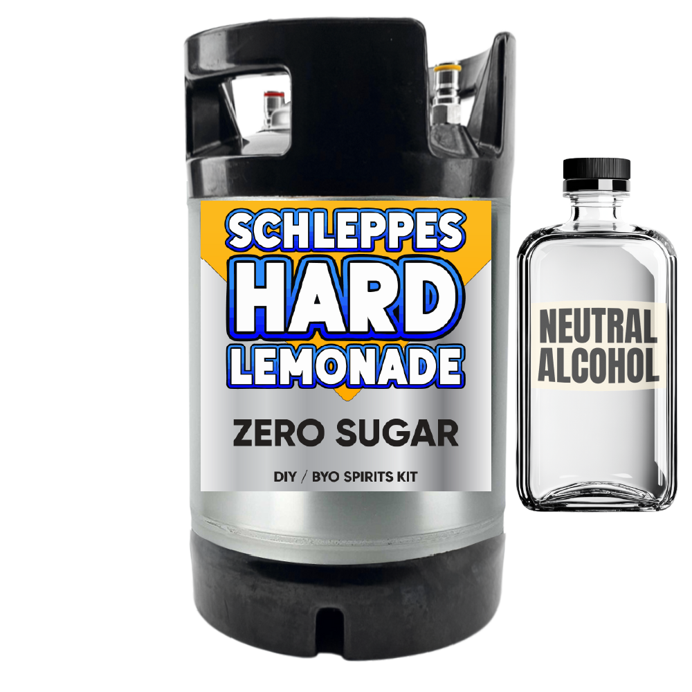 Schleppes Hard Lemonade zero sugar kit and neutral alcohol bottle on a white background