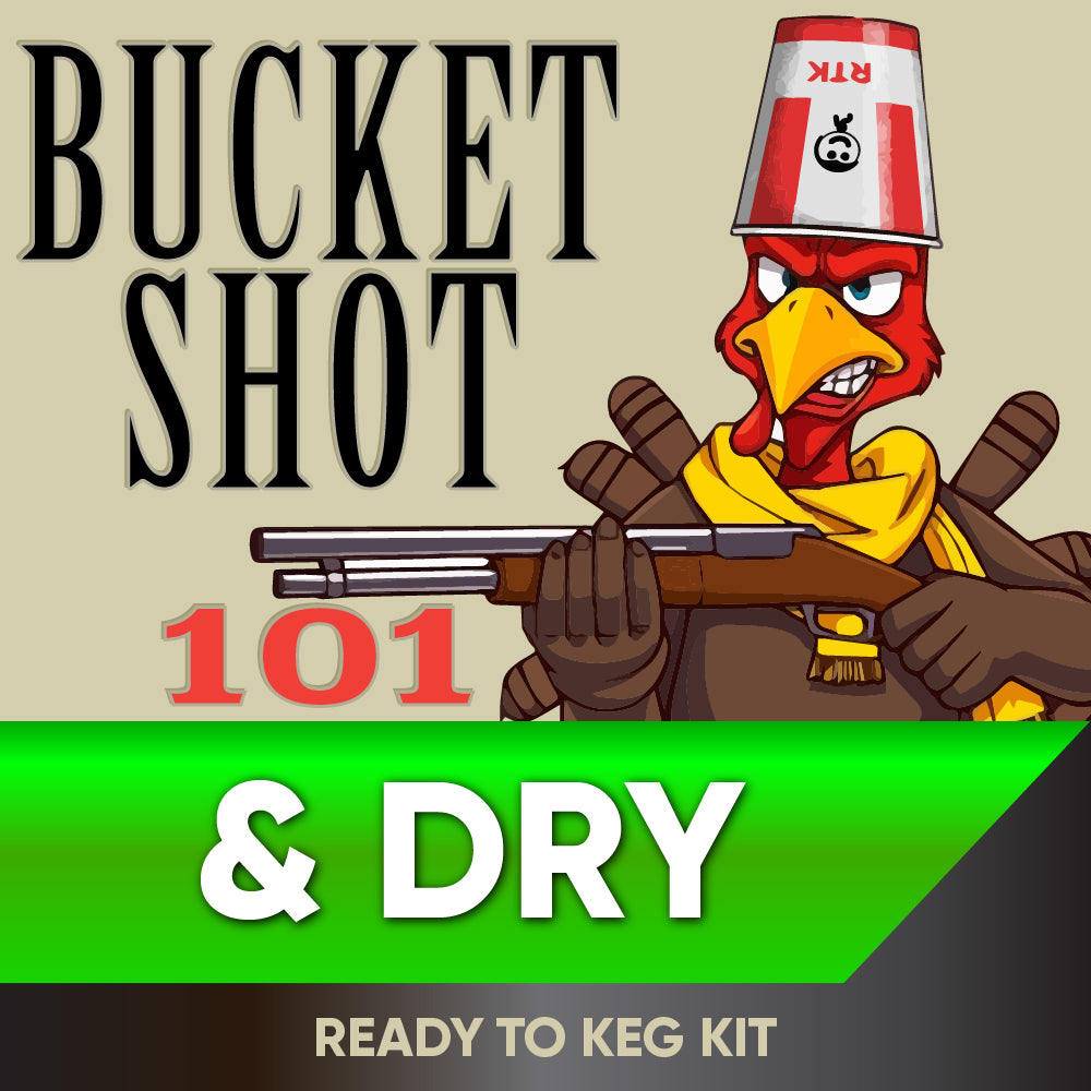 Cartoon bird holding a shotgun with text about a 'Bucket Shot 101 & Dry' ready-to-keg kit.