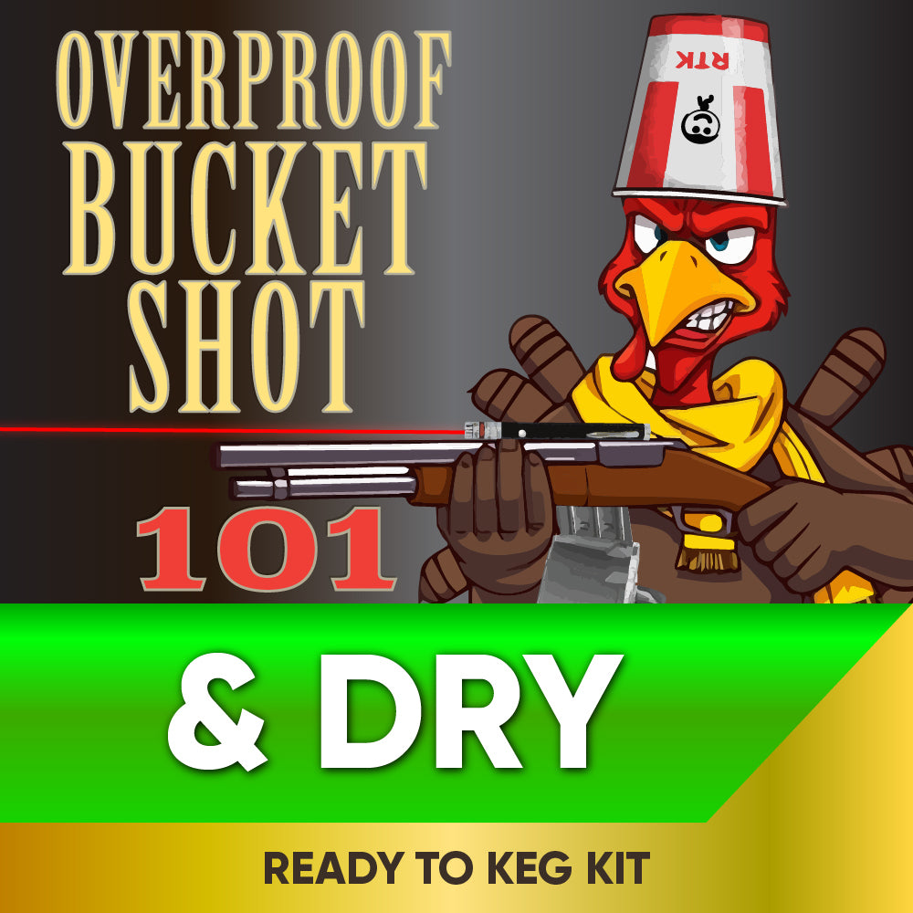 Cartoon bird holding a shotgun with text about an overproof bucket shot kit.