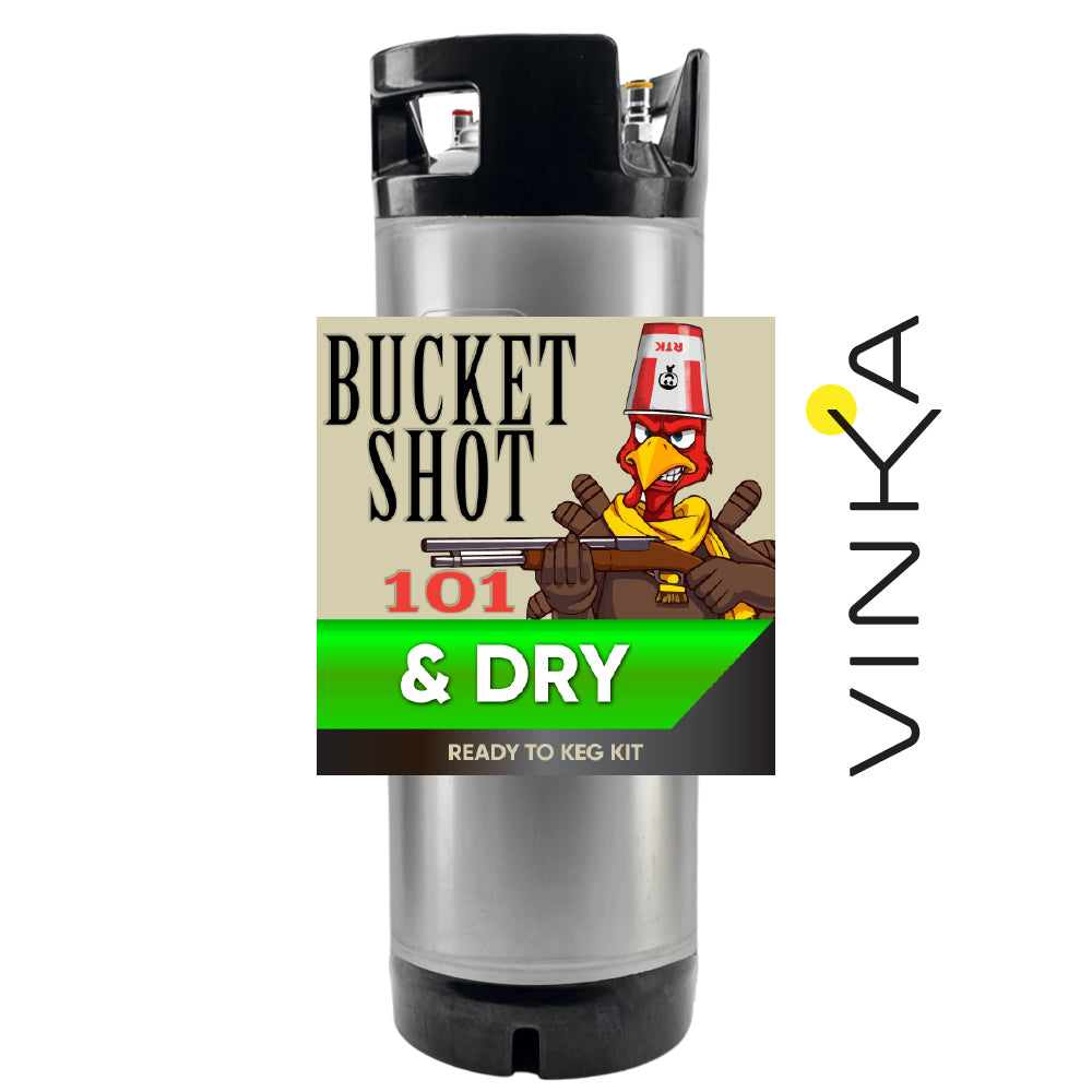 Metal keg with 'Bucket Shot 101 & Dry' label and Vinka branding on a white background