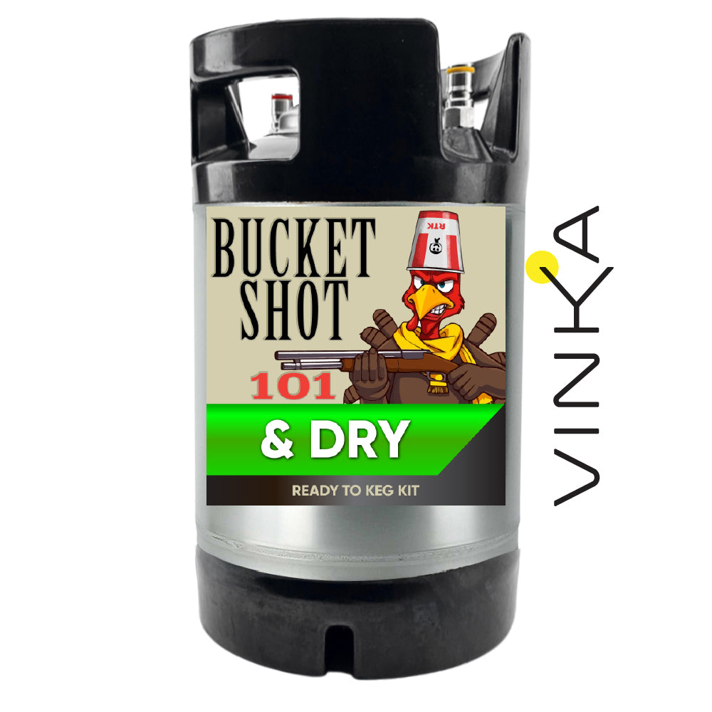 Bucket Shot 101 & Dry ready to keg kit with cartoon character label on a white background