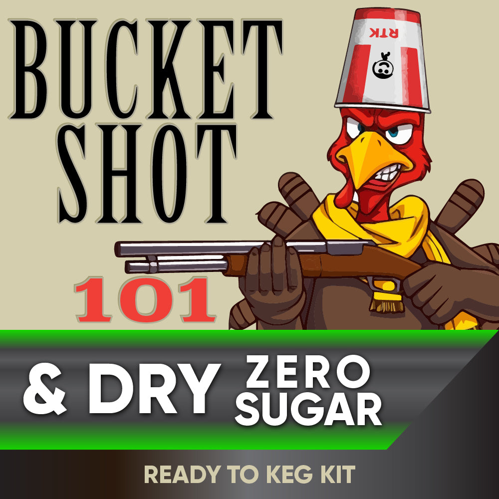 Promotional graphic for 'Bucket Shot' with a cartoon bird holding a shotgun on a beige background.