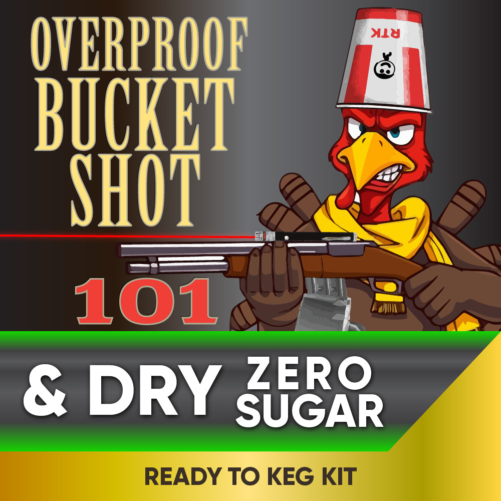 Animated bird character holding a shotgun with text about overproof bucket shot and ready to keg kit.