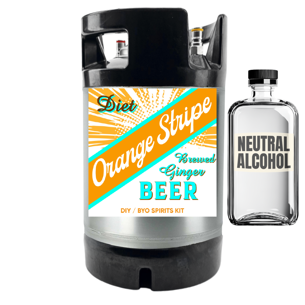 Diet Orange Stripe Ginger Beer keg and small neutral alcohol bottle on a white background