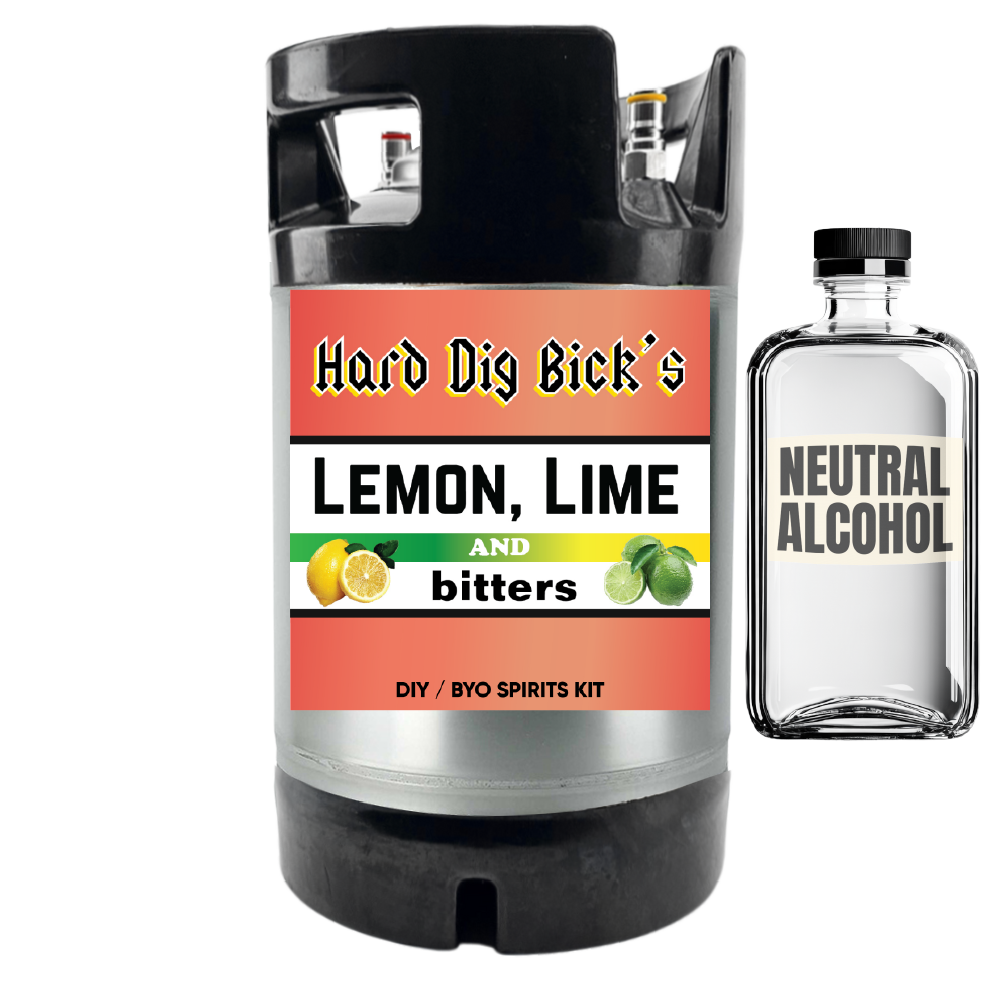 Hard lemon, lime, and bitters DIY spirits kit with a bottle of neutral alcohol on a white background.
