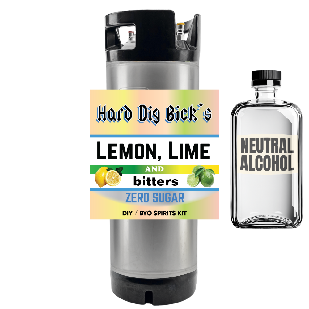 Hard Dig Bick's lemon lime bitters container and neutral alcohol bottle on a white background