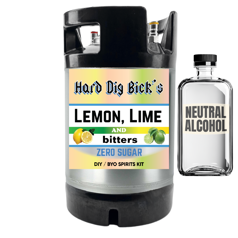 Hard Dig Bick's lemon lime and bitters DIY spirits kit with a bottle of neutral alcohol on a white background.