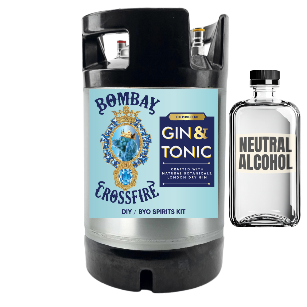 Bomby Crossfire Gin & Tonic DIY kit with a bottle of neutral alcohol on a white background
