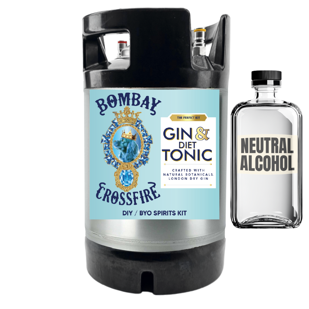 Bomby Gin & Diet Tonic kit and neutral alcohol bottle on a white background