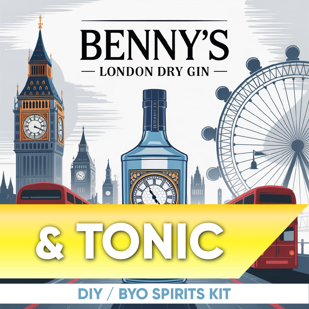 Benny's London Dry Gin & Tonic advertisement with Big Ben and London Eye in the background