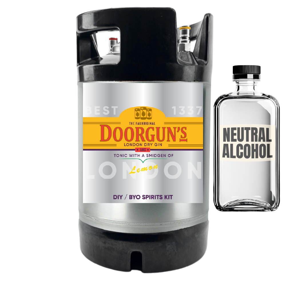 Doorgun's London Dry Gin & Tonic keg and neutral alcohol bottle on a white background