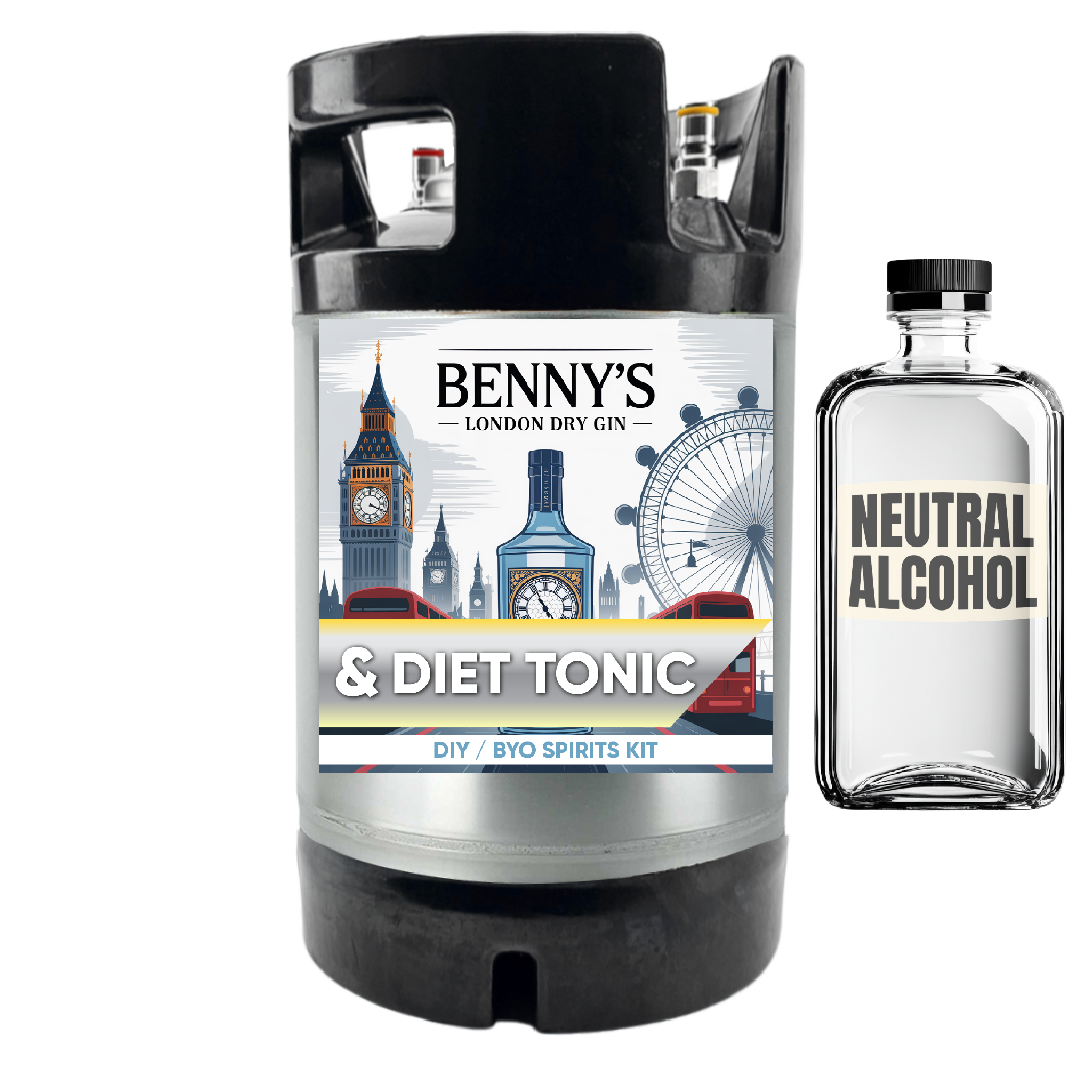 Benny's London Dry Gin and Diet Tonic DIY BYO Spirits Kit with a small bottle labeled 'Neutral Alcohol' on a white background.
