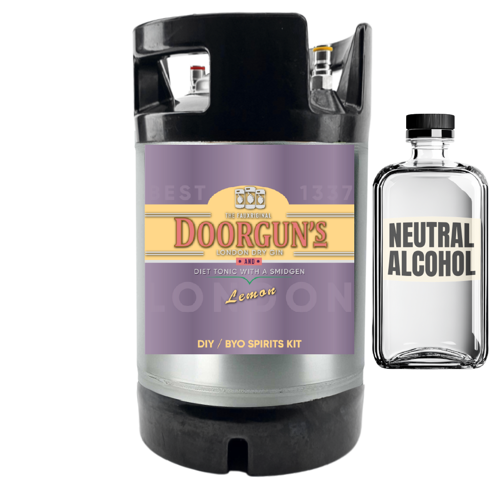 Doorgun's London Dry Gin & Tonic DIY spirits kit with a small bottle labeled 'Neutral Alcohol' on a white background.