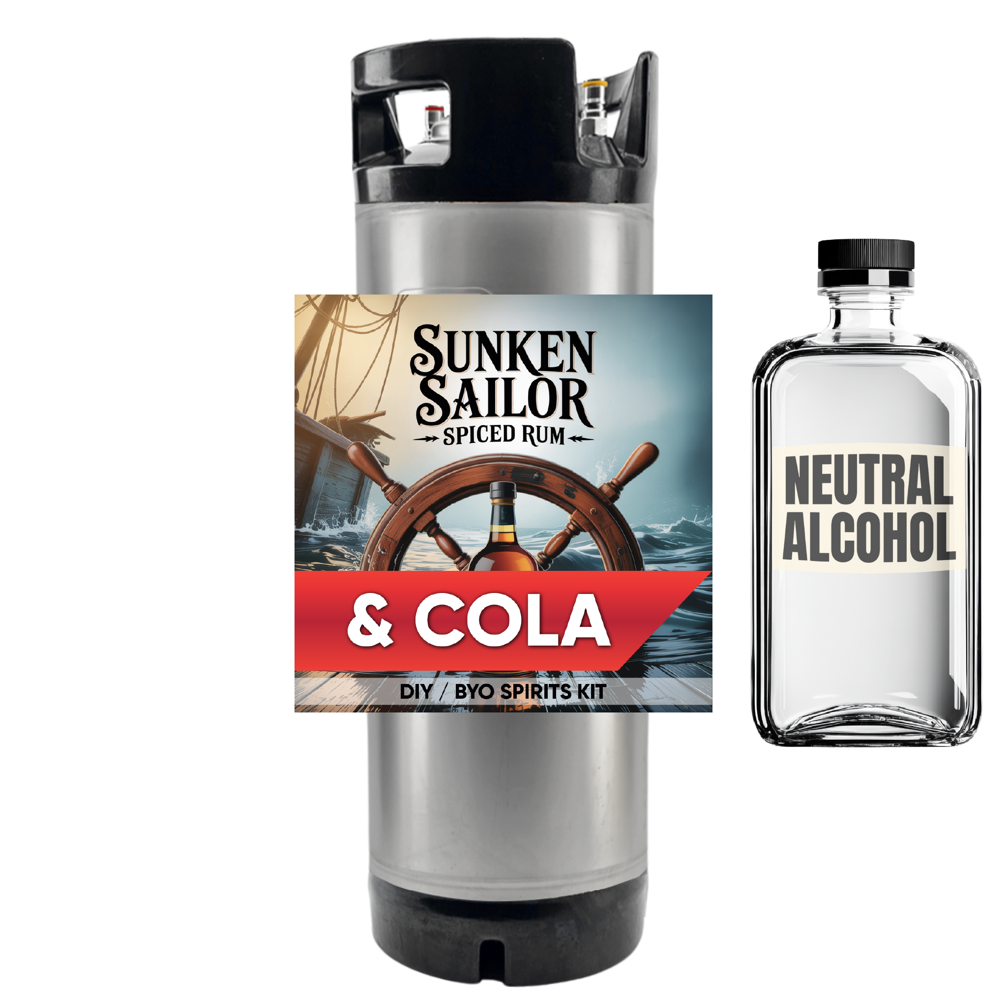 Sunken Sailor Spiced Rum & Cola DIY BYO Spirits Kit with a bottle of neutral alcohol on a white background.