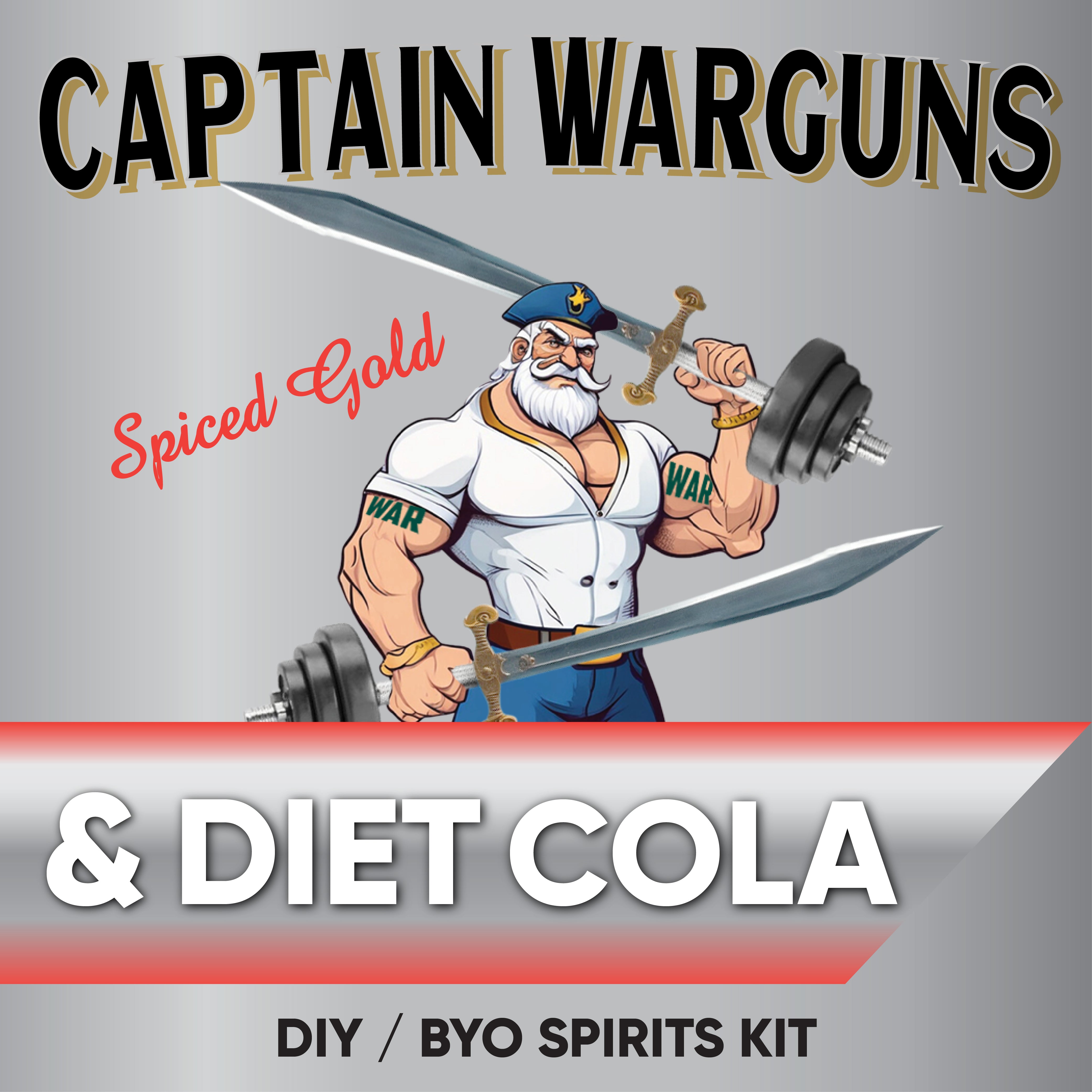 Captain Warguns Spiced Rum & Diet Cola DIY BYO Spirits Kit with cartoon character lifting weights and holding a sword.
