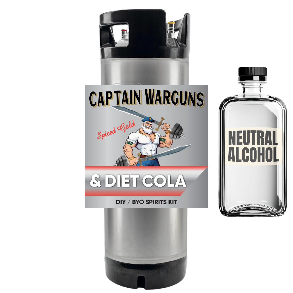 Captain Warguns Spiced Rum & Diet Cola DIY spirits kit with a bottle of neutral alcohol on a white background