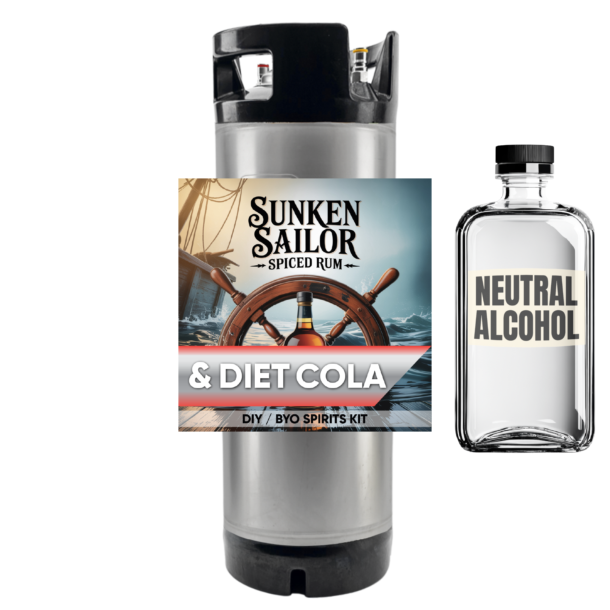 Sunken Sailor Spiced Rum and Diet Cola DIY BYO Spirits Kit with a neutral alcohol bottle on a white background.