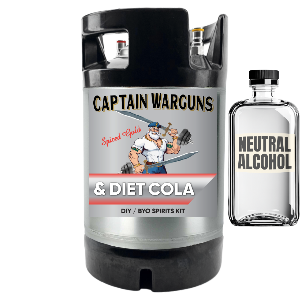 Captain Warguns spiced rum & diet cola DIY spirits kit with a bottle of neutral alcohol on a white background