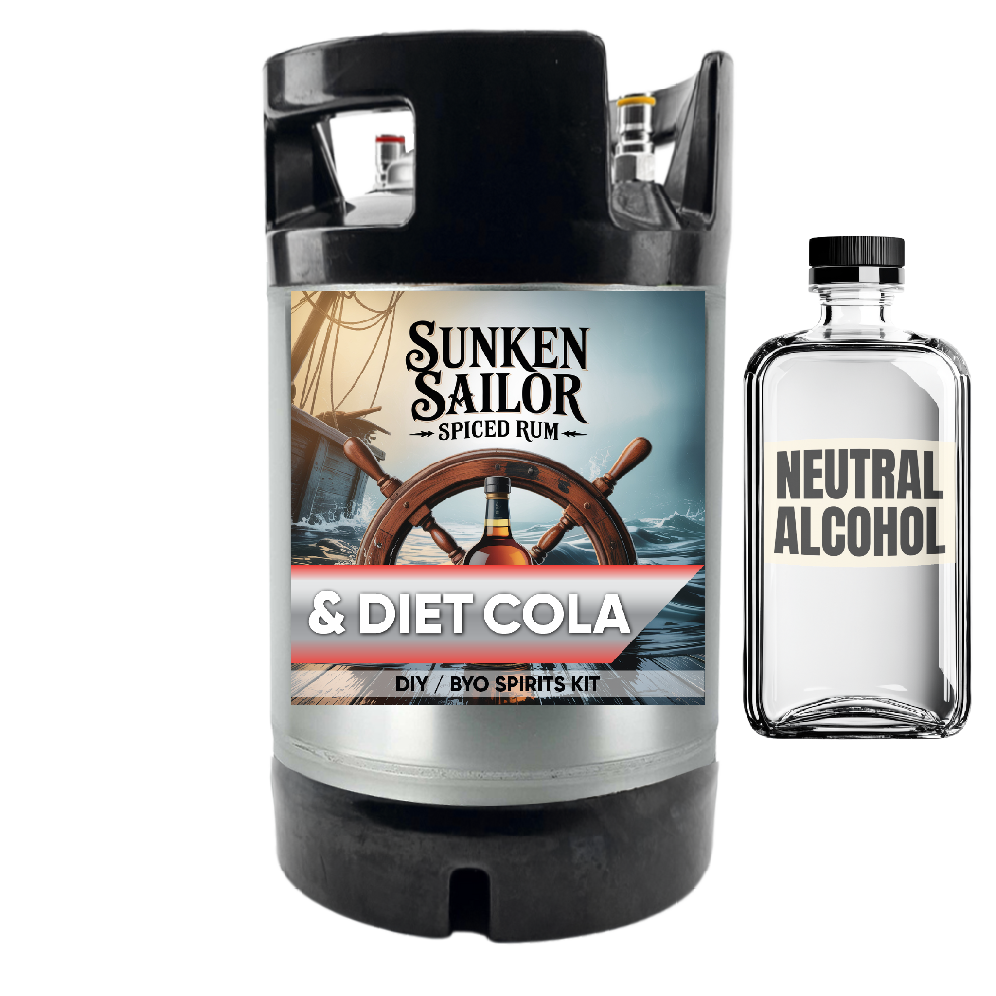 Sunken Sailor spiced rum and diet cola DIY spirits kit with a bottle of neutral alcohol on a white background.