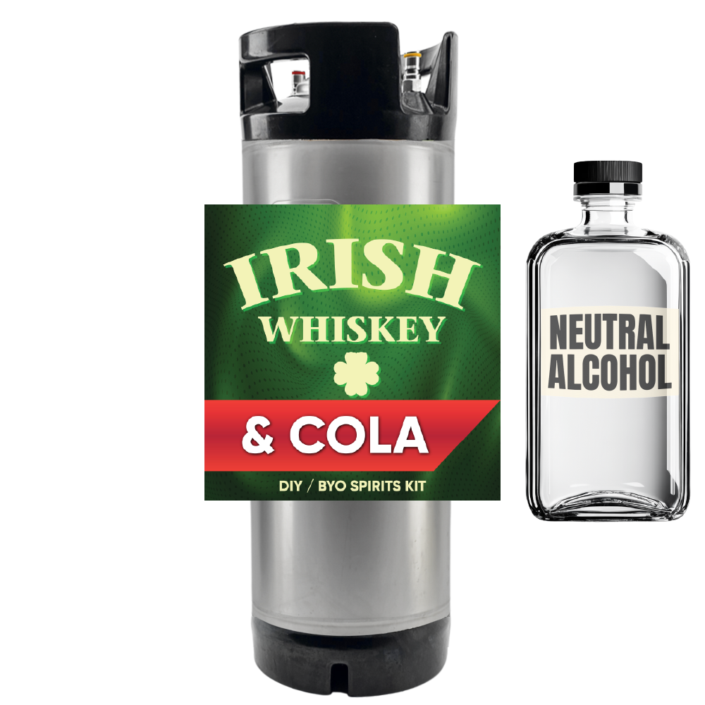 Tumbler with Irish Whiskey & Cola label and neutral alcohol bottle on a white background