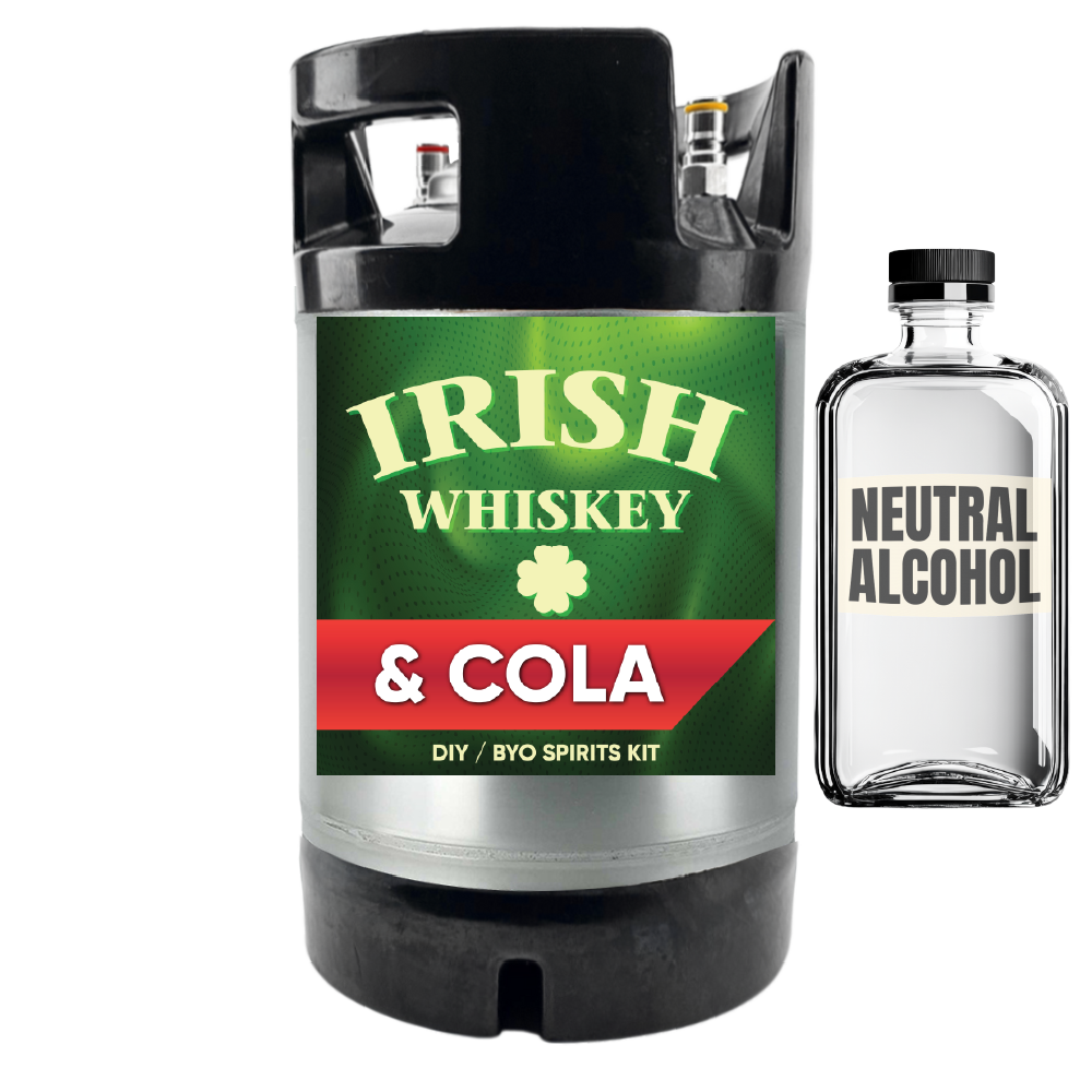 Irish whiskey and cola DIY spirits kit with a bottle of neutral alcohol on a white background