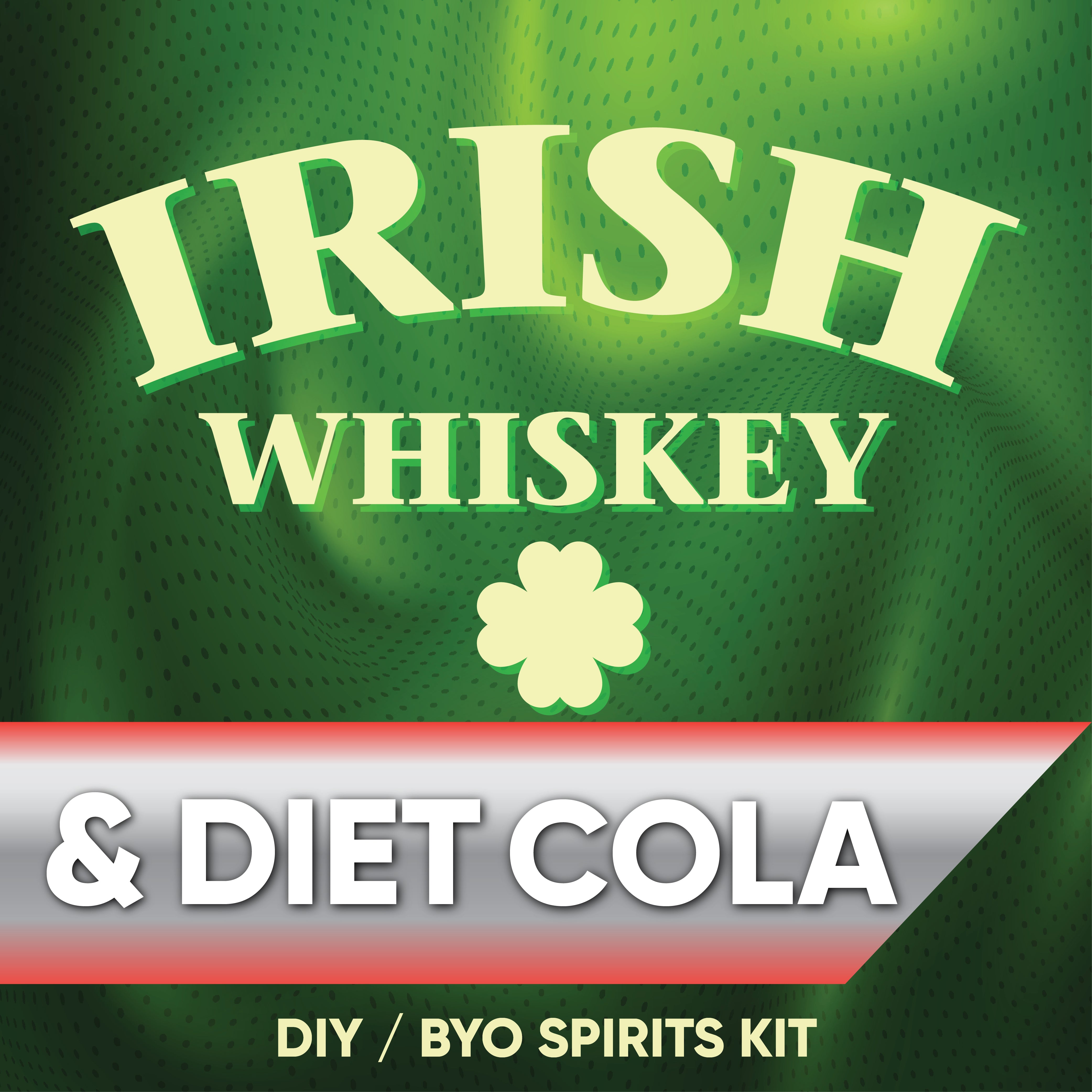 Irish whiskey and diet cola label with shamrock on green background