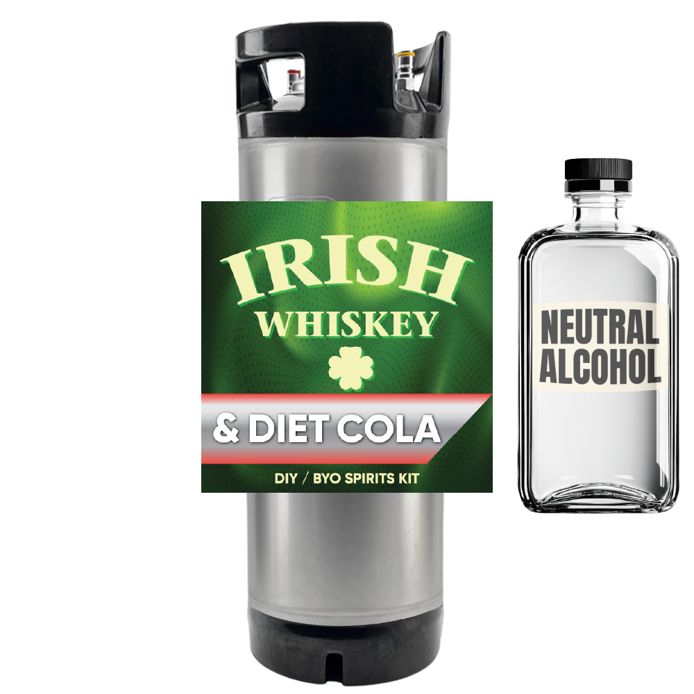 Irish whiskey and diet cola label on a metal container with a bottle of neutral alcohol.