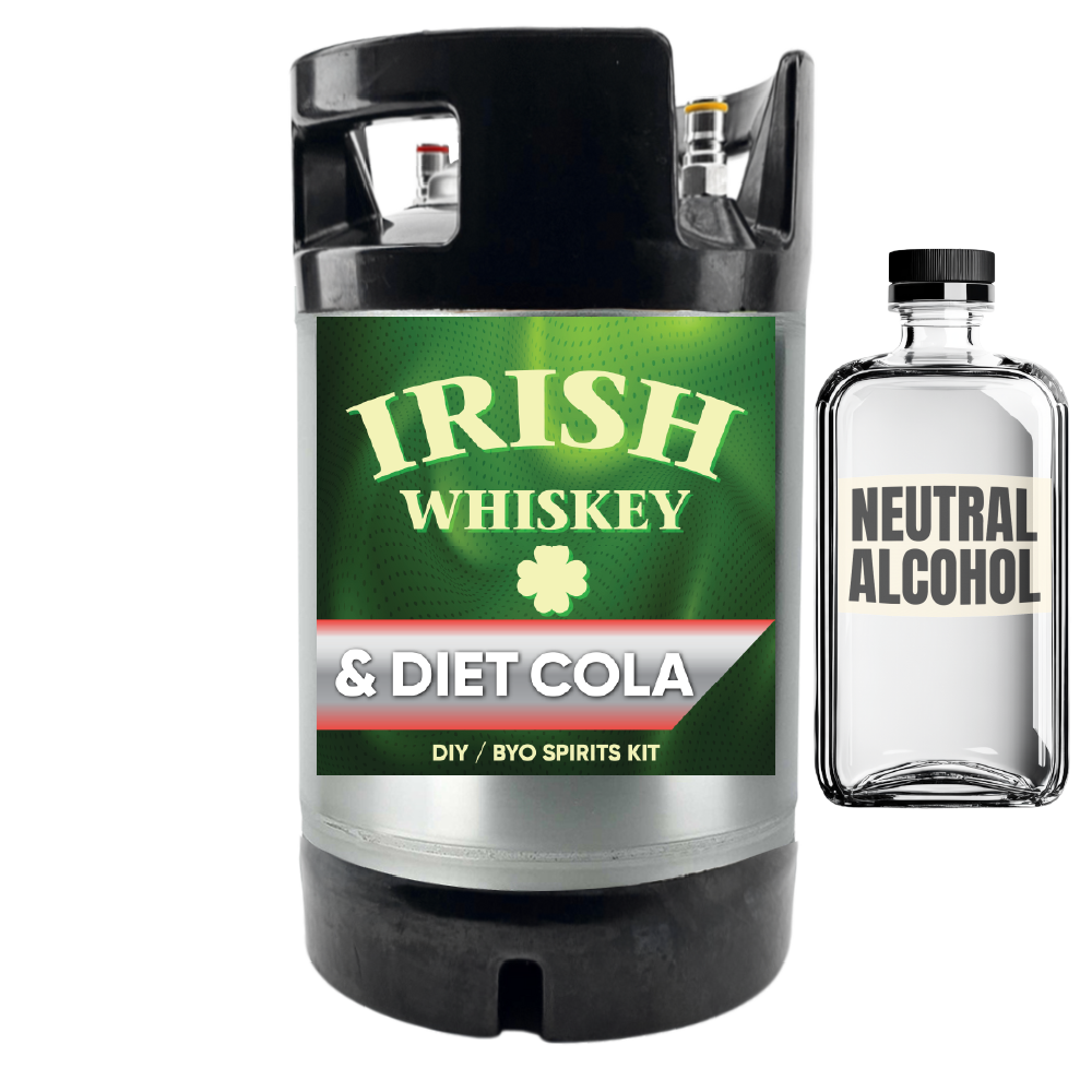 Irish whiskey and diet cola DIY spirits kit with a bottle of neutral alcohol on a white background.