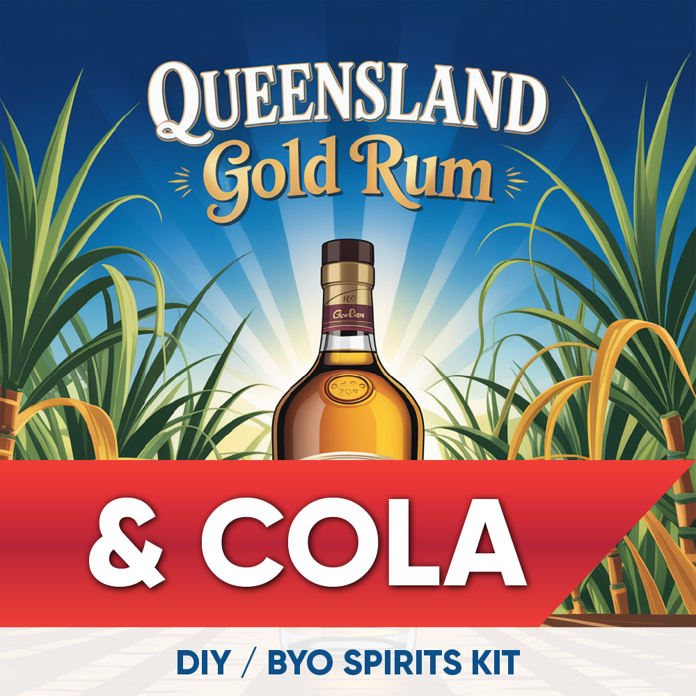 Queensland Gold Rum & Cola advertisement with a bottle of rum and sugarcane plants in the background.