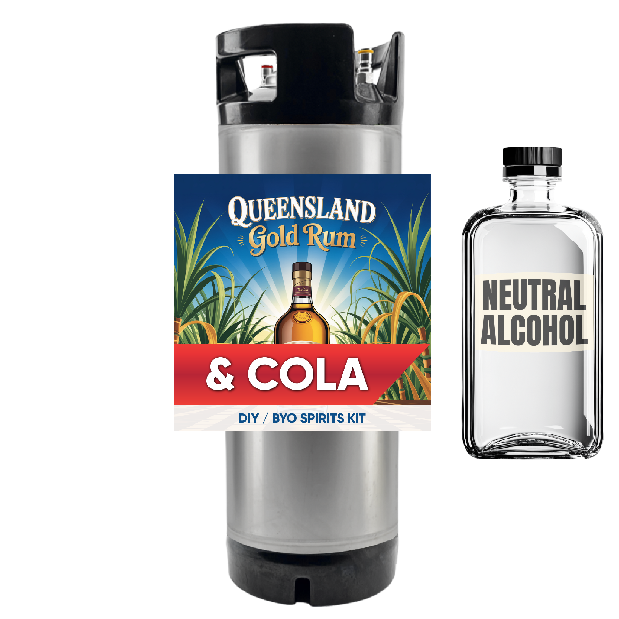 Spirits kit with Queensland Gold Rum & Cola label and neutral alcohol bottle on a white background