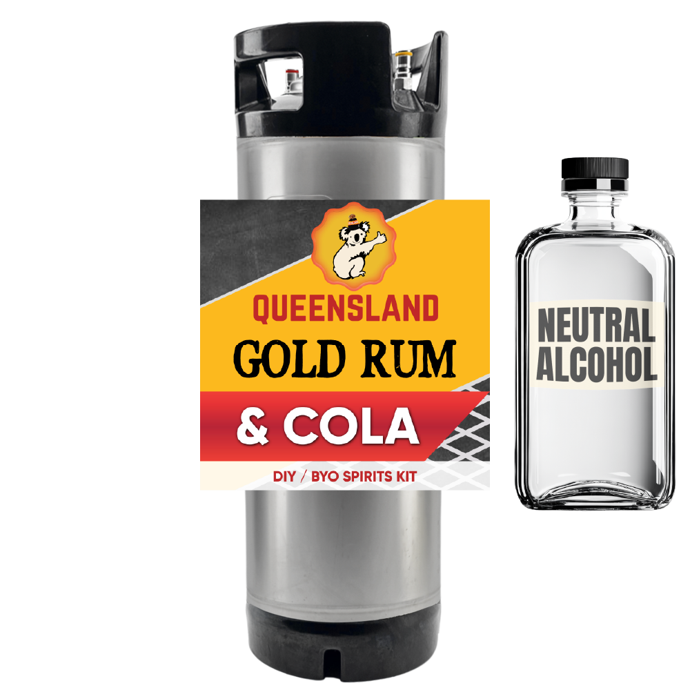Queensland Gold Rum & Cola kit with a bottle of neutral alcohol on a white background