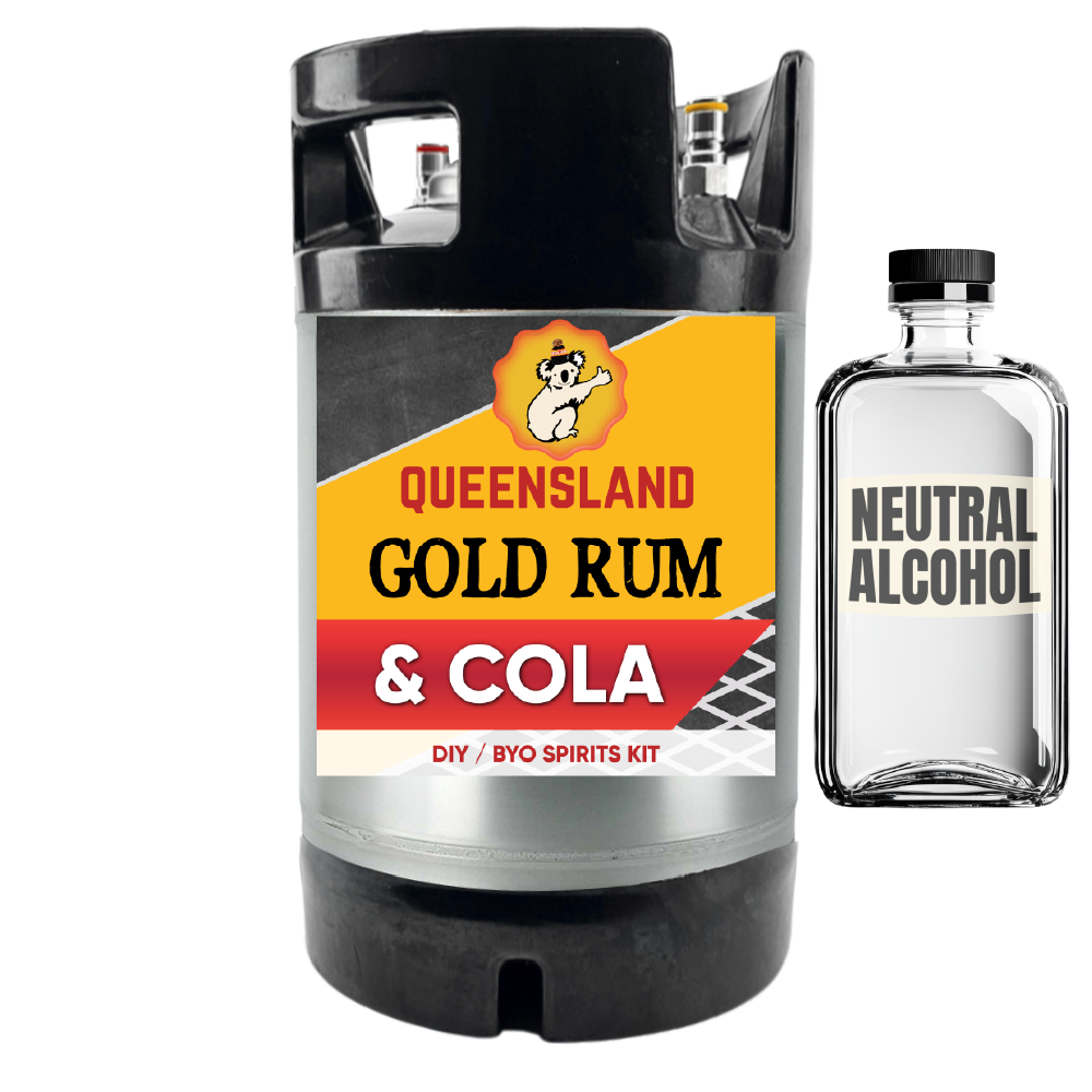 Queensland Gold Rum & Cola DIY BYO Spirits Kit with a bottle of neutral alcohol on a white background