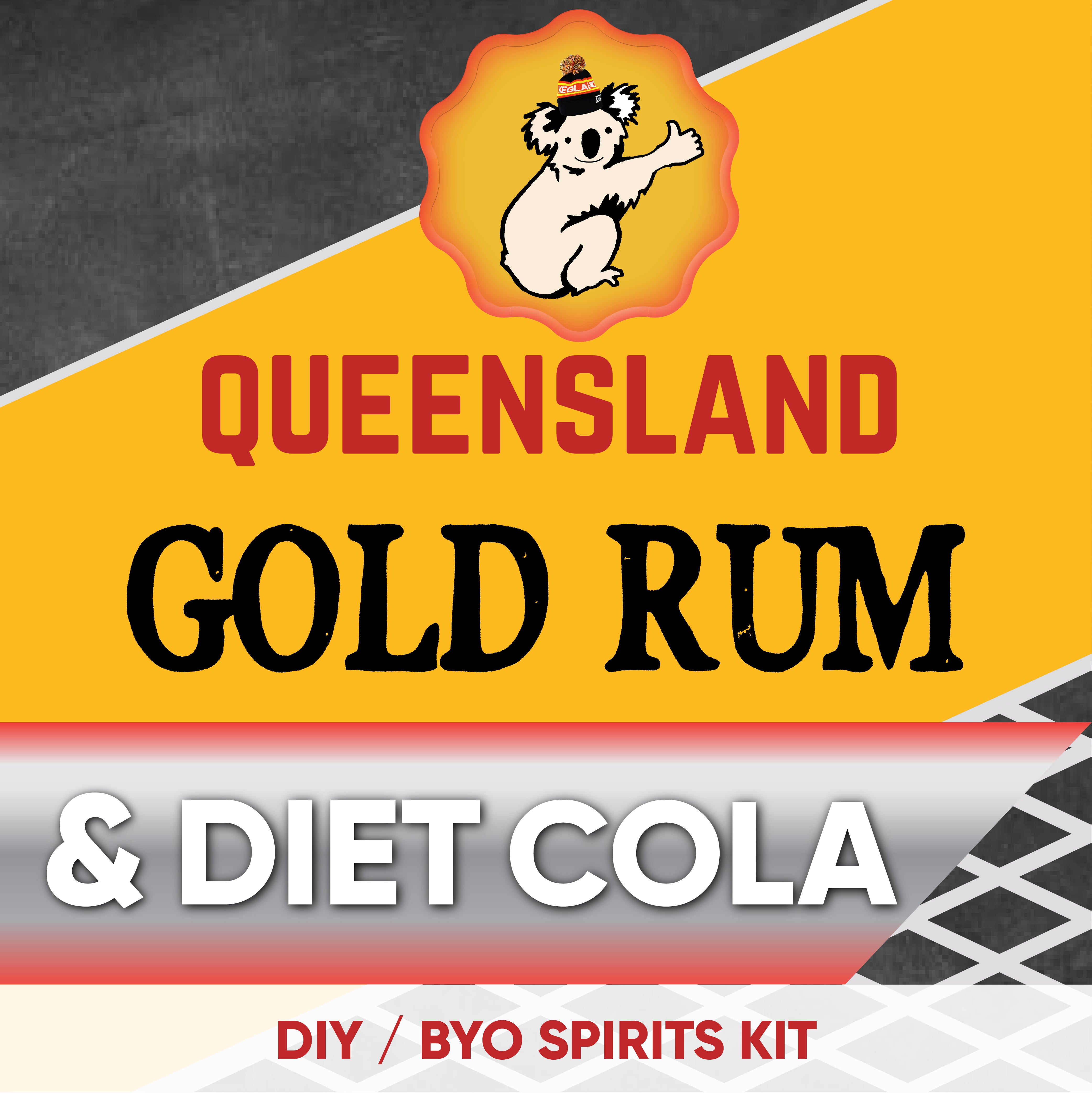 Queensland Gold Rum & Diet Cola label with a koala design on a yellow and black background.