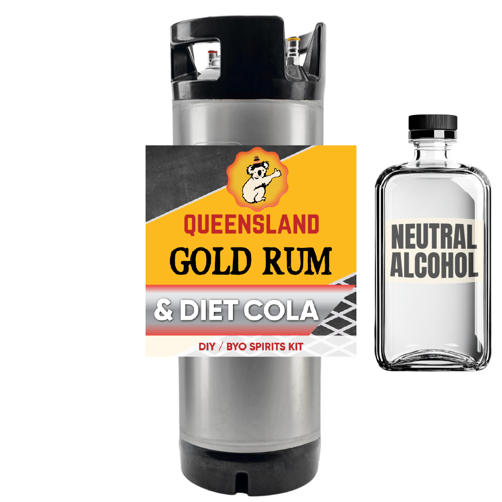 Bottle of Queensland Gold Rum & Diet Cola with a lighter and bottle of neutral alcohol on a white background.