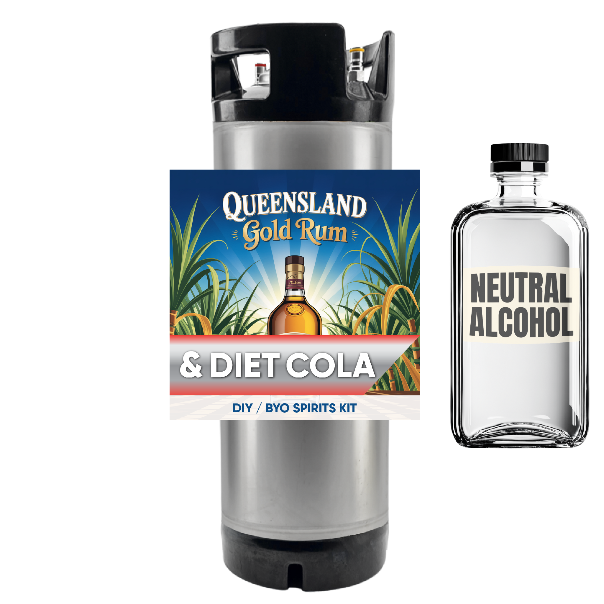 Queensland Gold Rum & Diet Cola DIY BYO Spirits Kit with a lighter and neutral alcohol bottle on a white background.