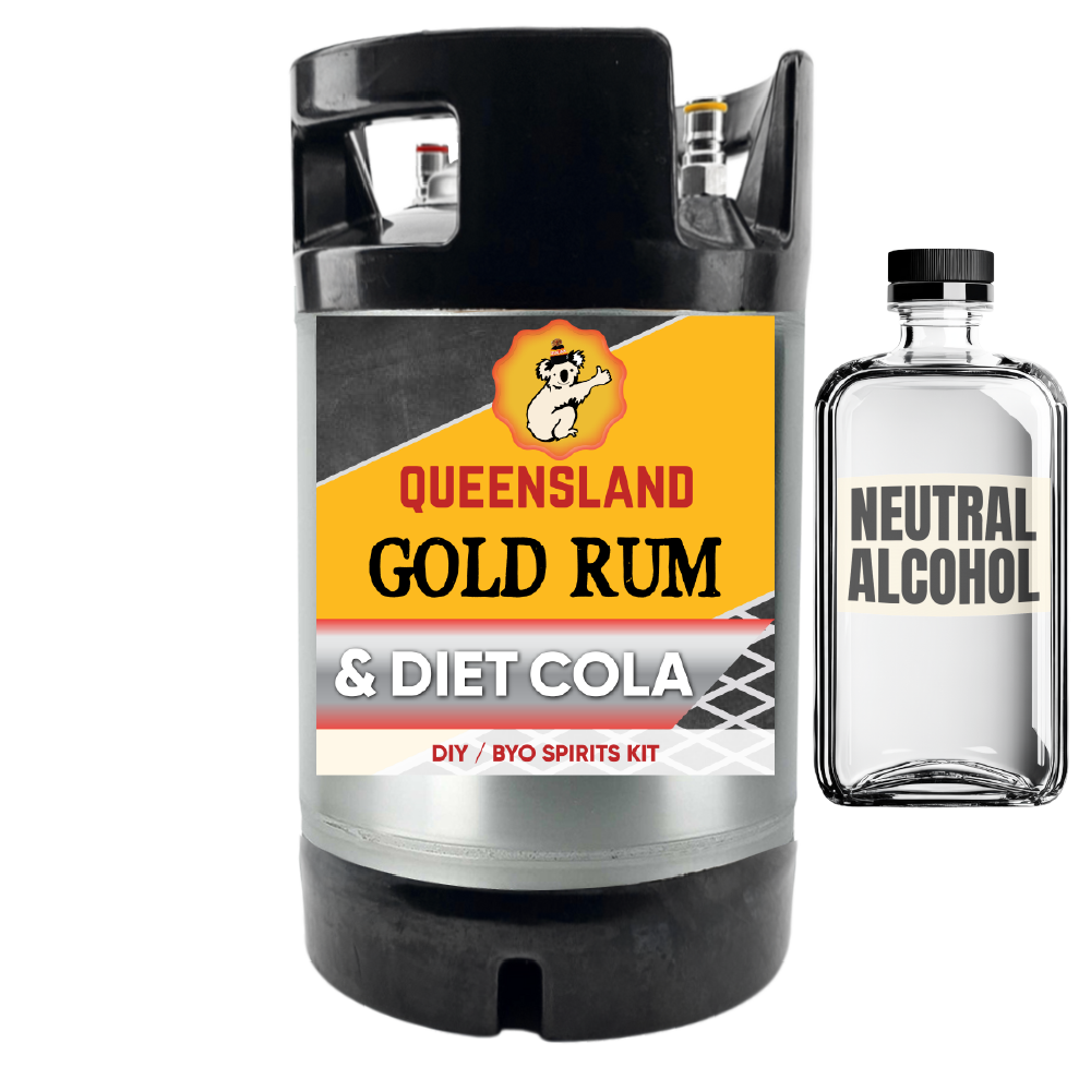 Queensland Gold Rum & Diet Cola keg with a bottle of neutral alcohol on a white background
