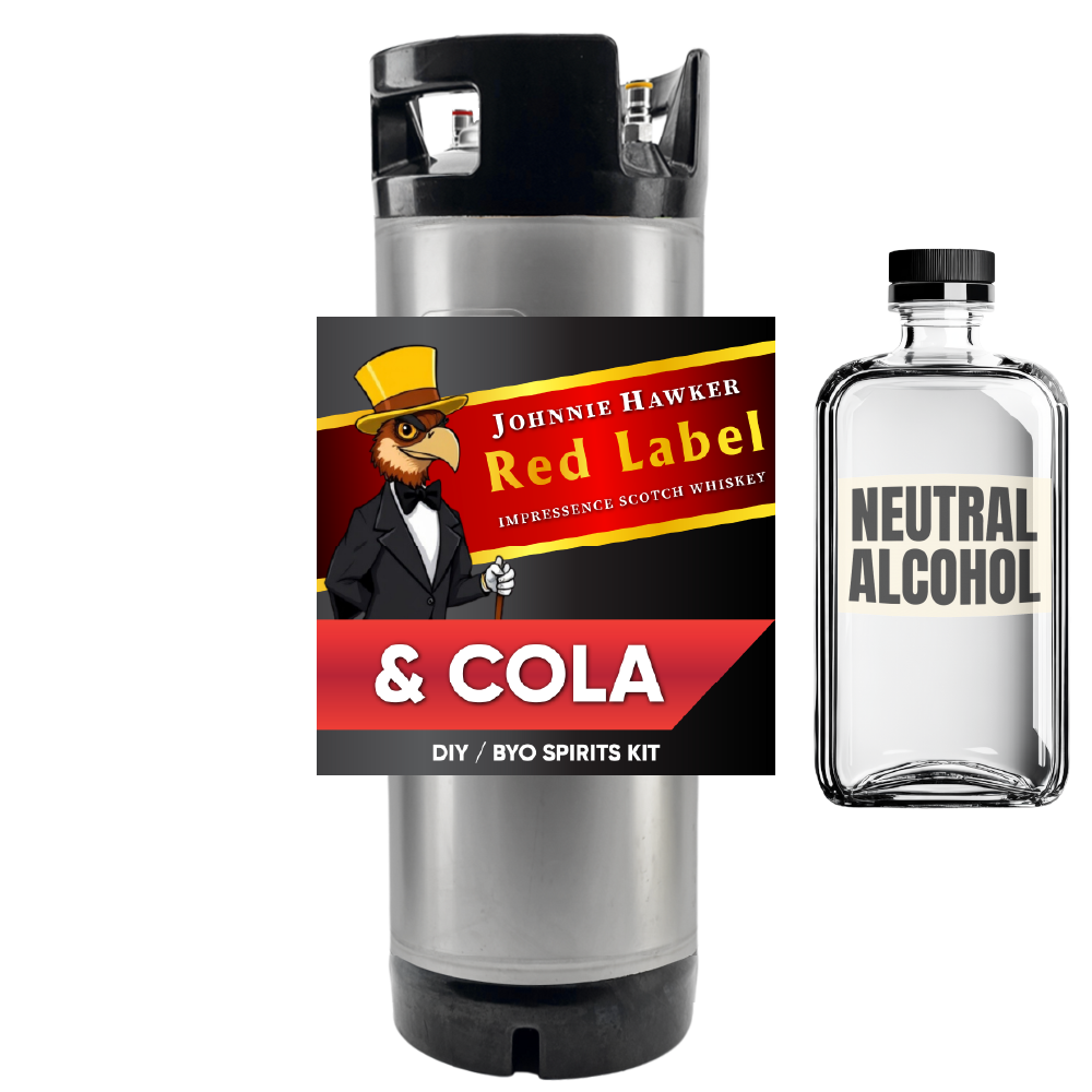 Johnnie Hawker Red Label & Cola DIY BYO Spirits Kit with a bottle of neutral alcohol on a white background.