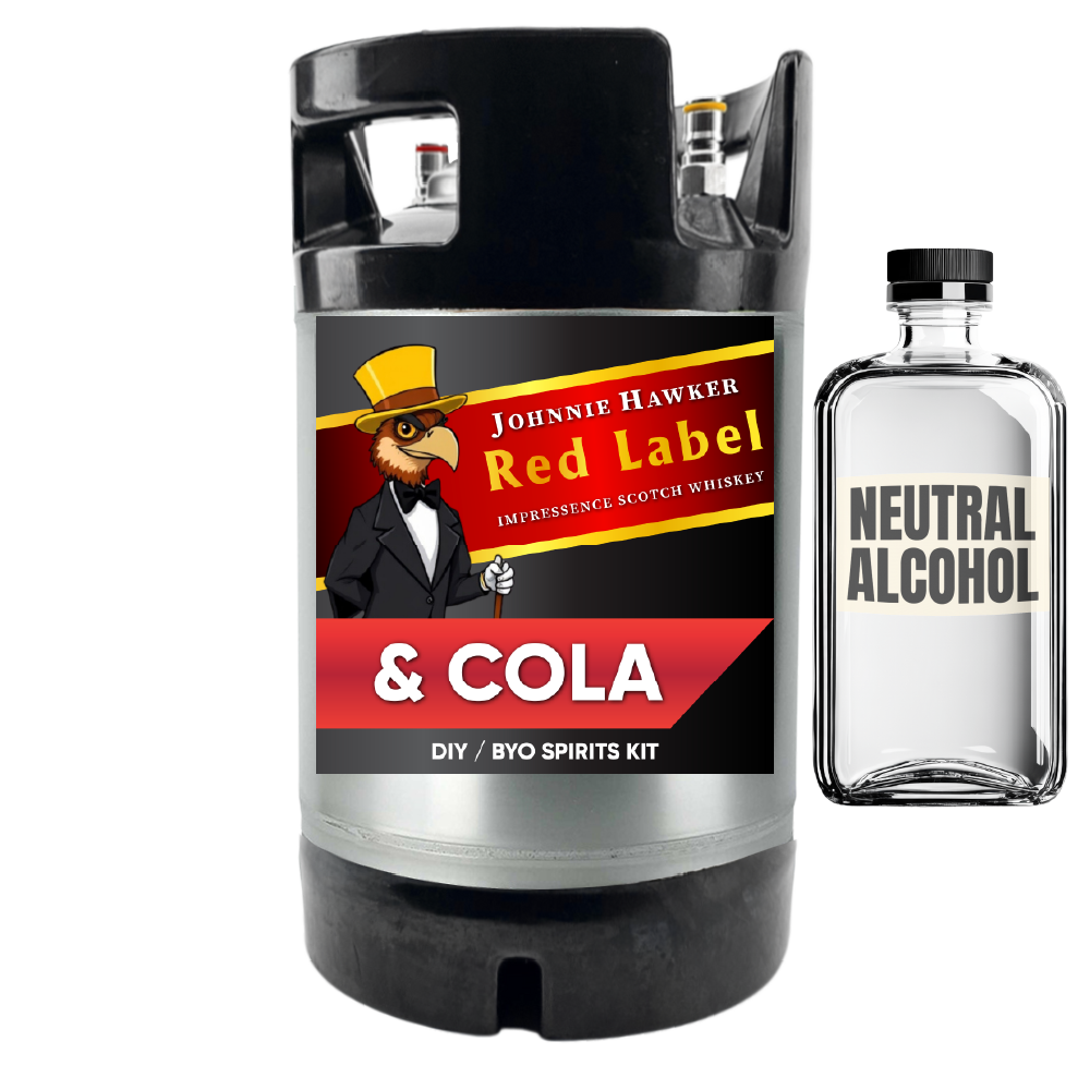 Johnnie Hawker Red Label whiskey and cola kit with a bottle of neutral alcohol on a white background