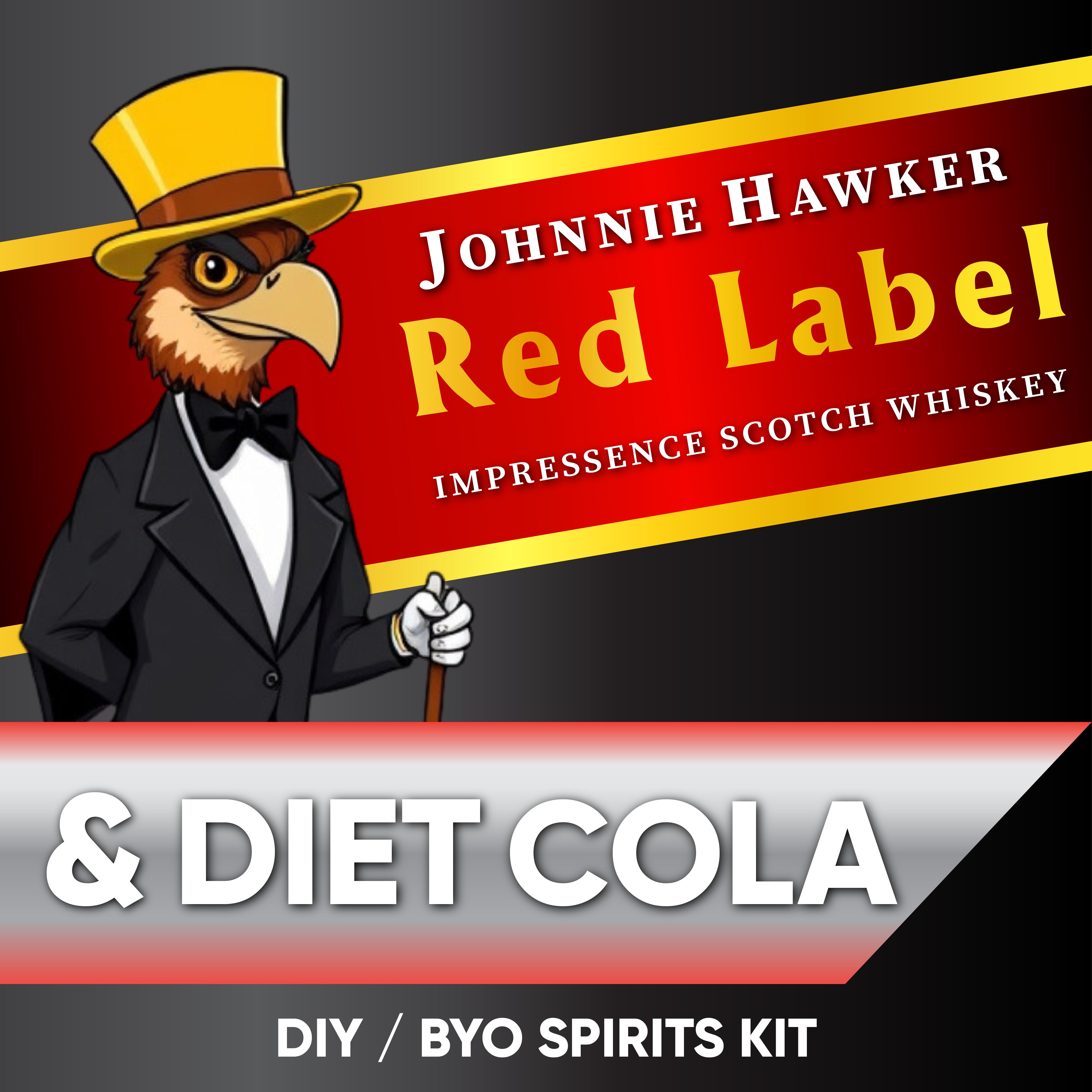 Johnnie Hawker Red Label Impressence Scotch Whiskey & Diet Cola label with an eagle mascot.