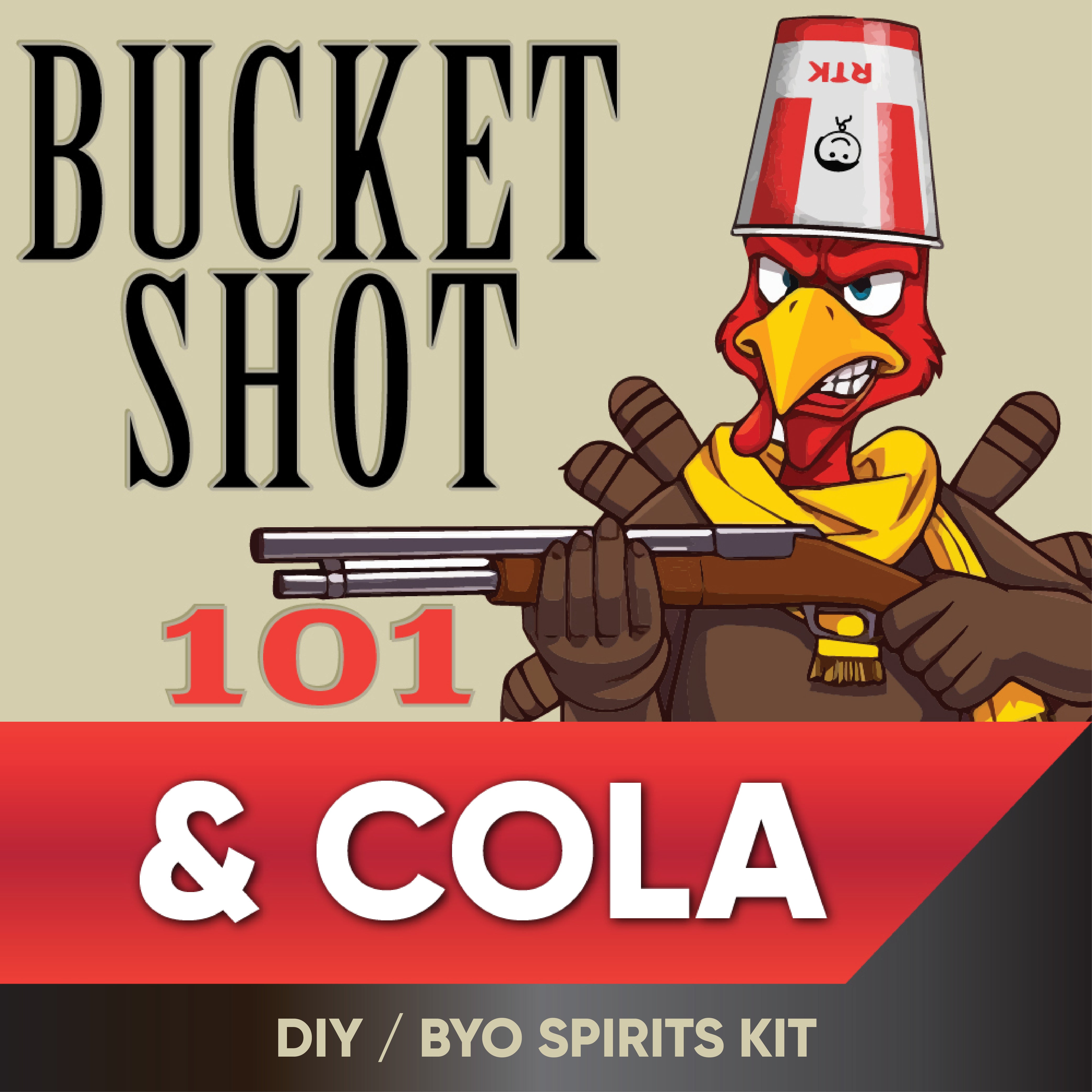 Animated bird character holding a shotgun with text about a DIY spirits kit on a beige background