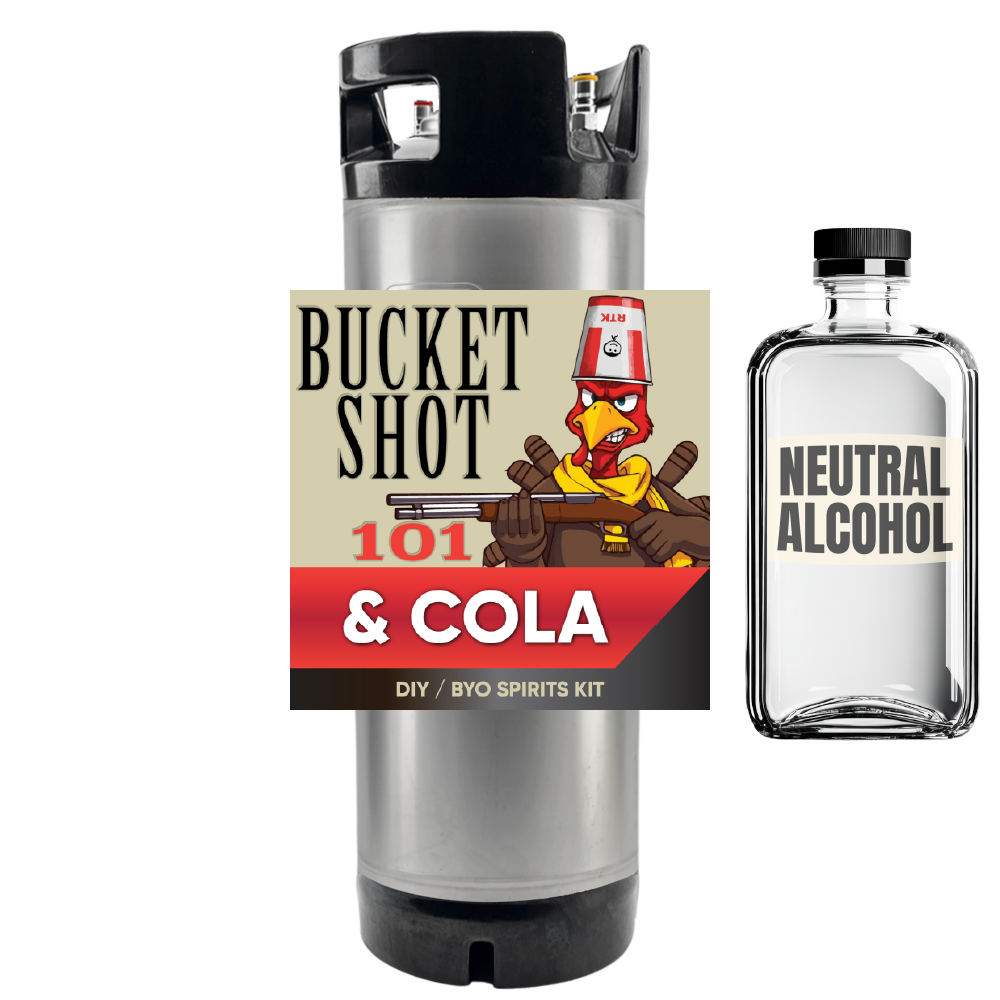 Bucket Shot 101 & Cola DIY BYO Spirits Kit with a bottle of neutral alcohol on a white background