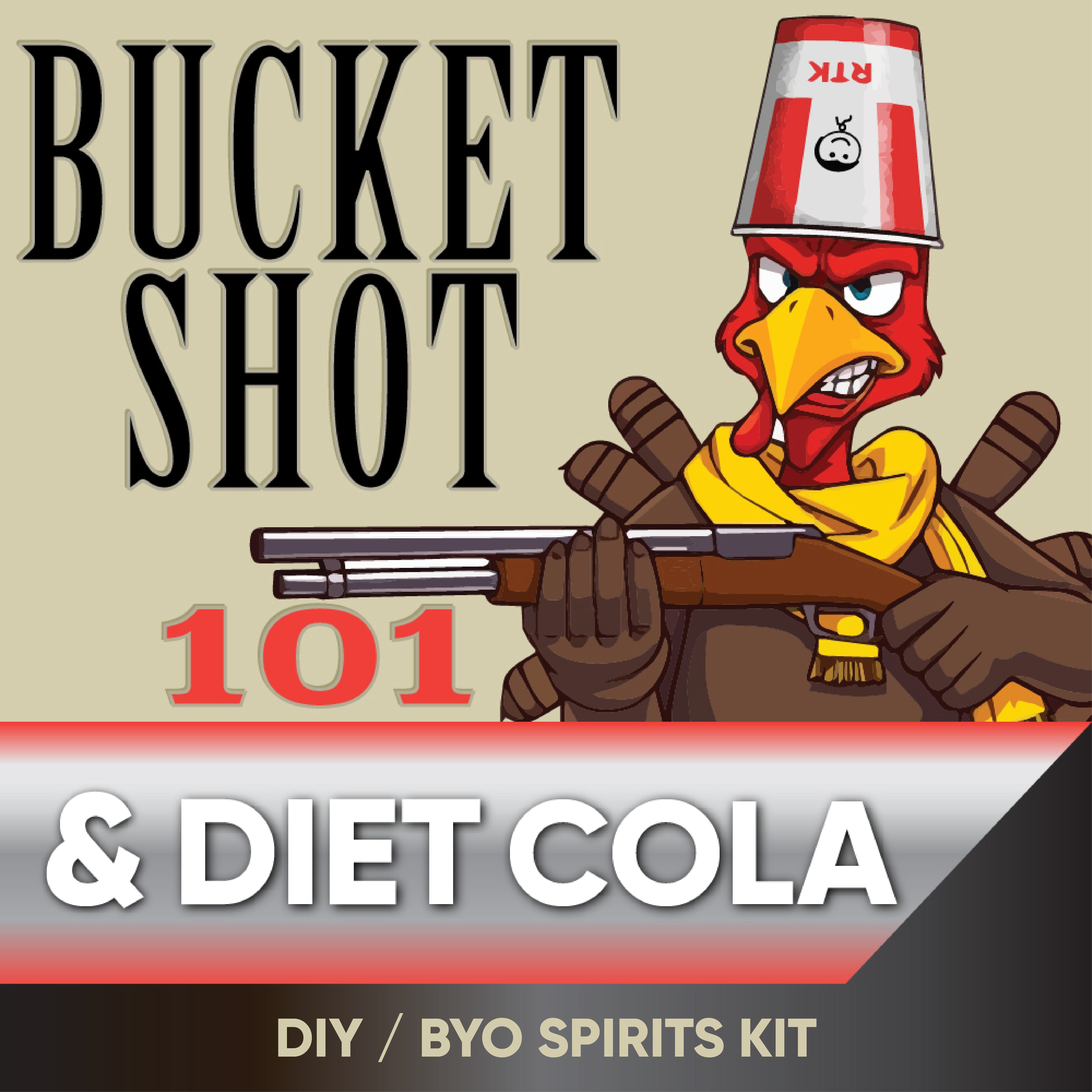 Cartoon bird character holding a shotgun with text about a DIY spirits kit on a beige background