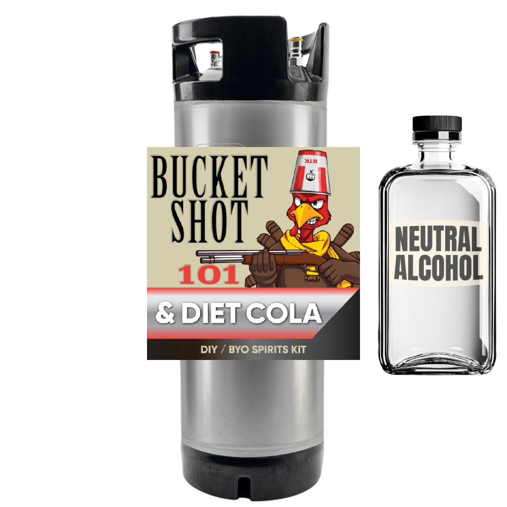 Bucket Shot 101 & Diet Cola DIY BYO Spirits Kit with a bottle of neutral alcohol on a white background