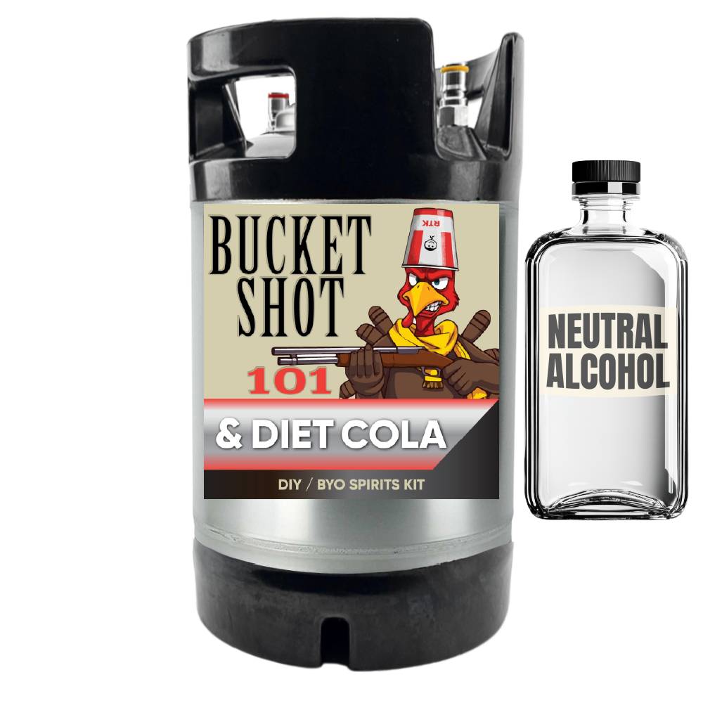 Bucket Shot 101 & Diet Cola DIY BYO Spirits Kit with a bottle of neutral alcohol on a white background