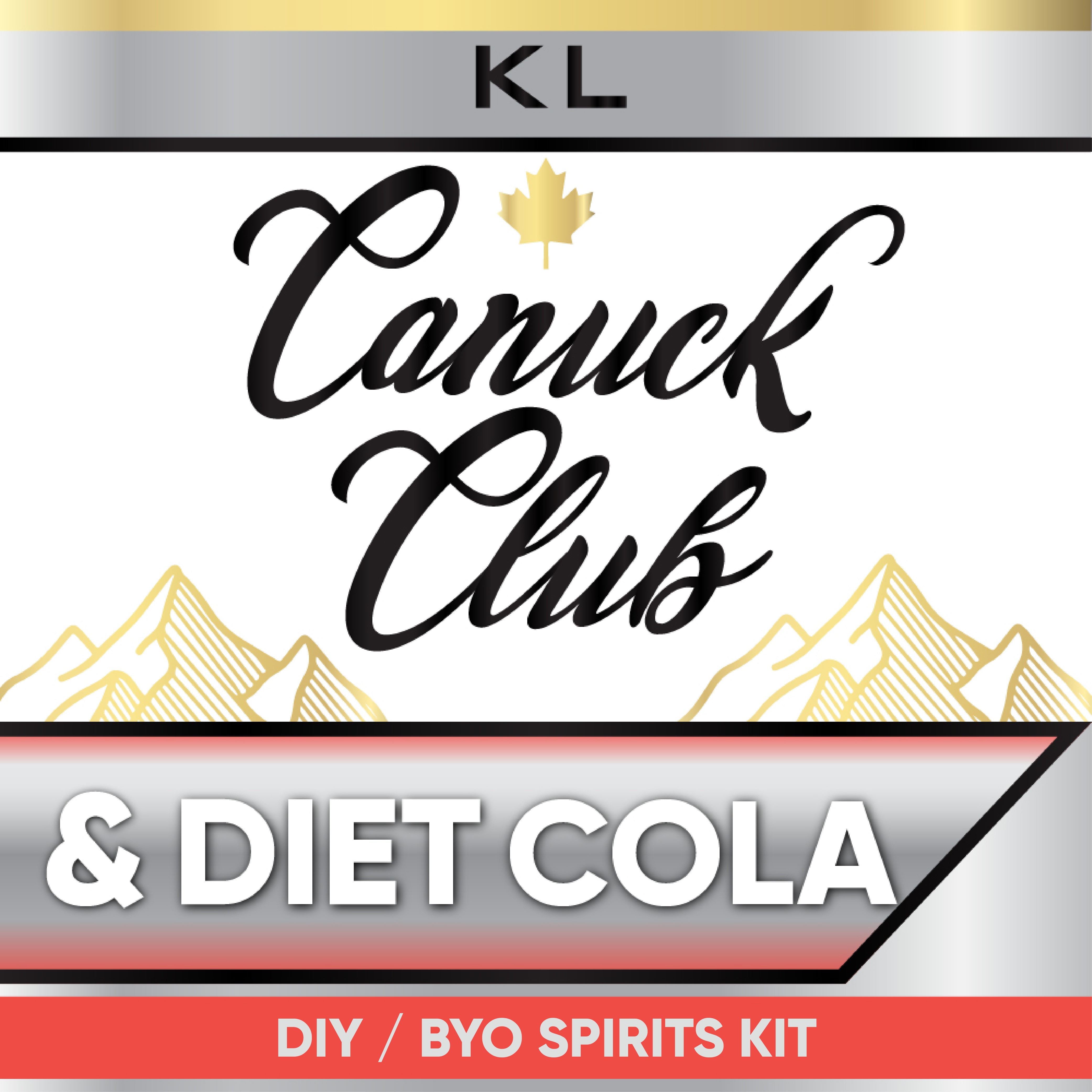 Canuck Club & Diet Cola DIY BYO Spirits Kit label with mountains and gold accents.