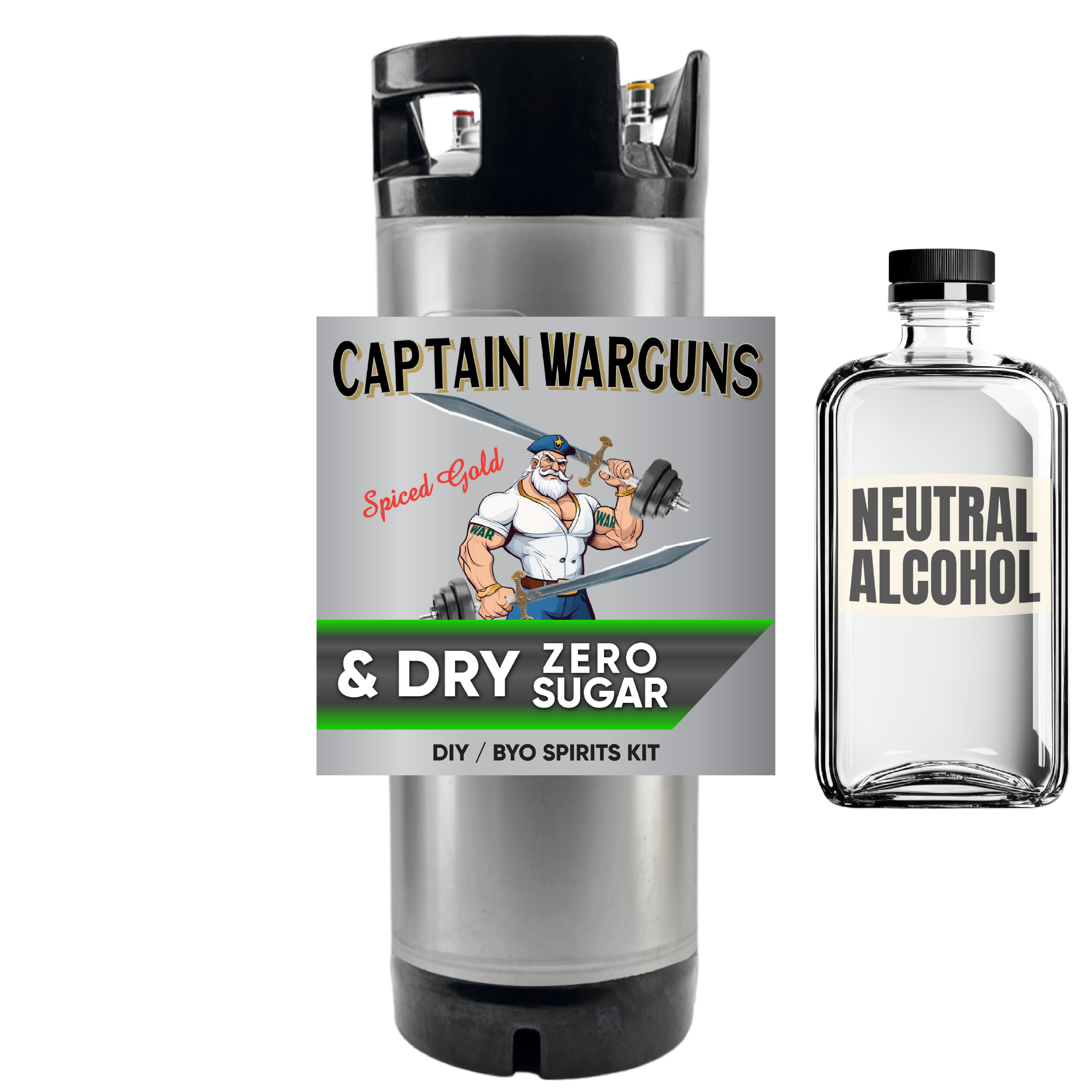 Captain Warguns spiced rum kit with a bottle of neutral alcohol on a white background