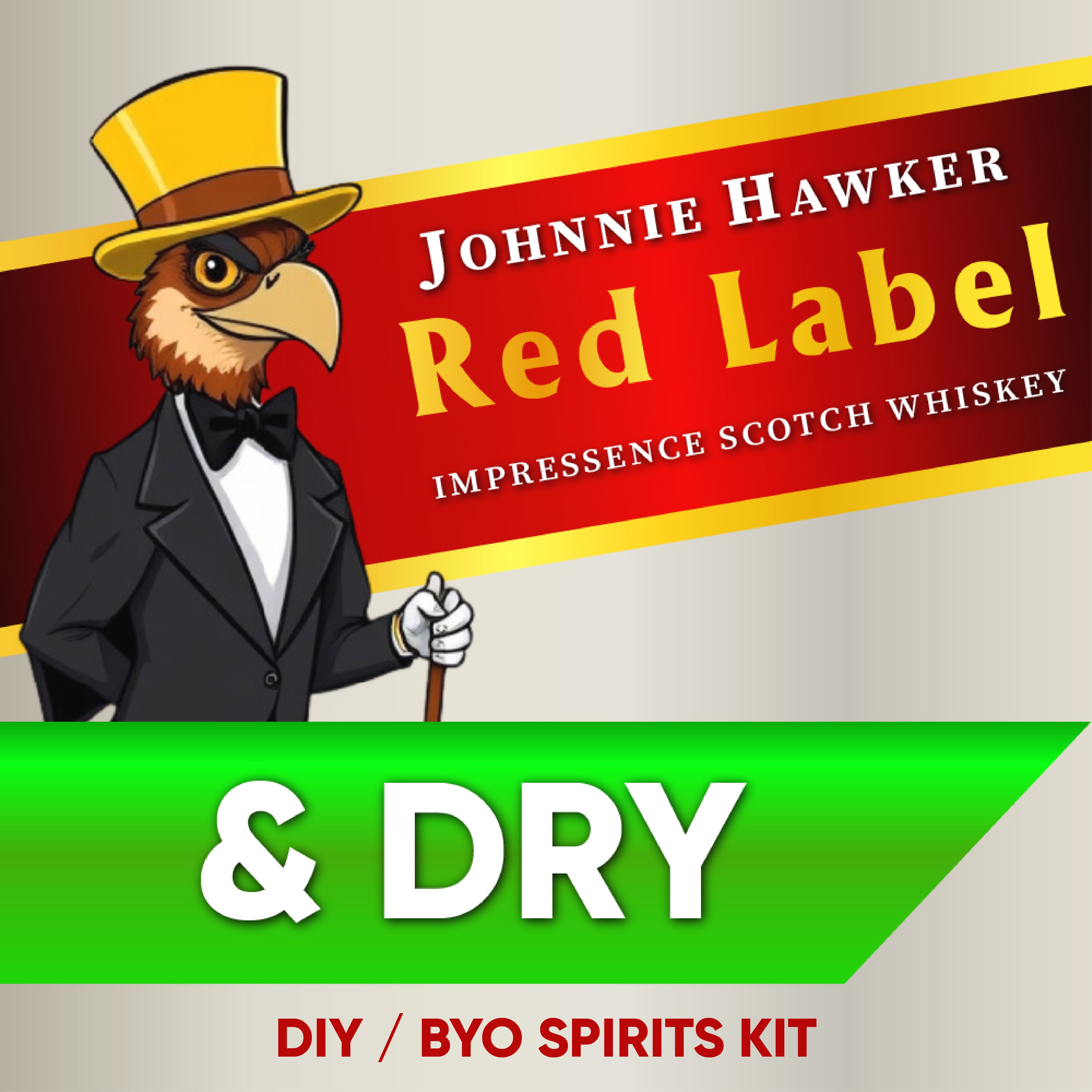 Johnnie Hawker Red Label Impresseince Scotch Whiskey label with an eagle mascot and text 'DIY/ BYO Spirits Kit'.
