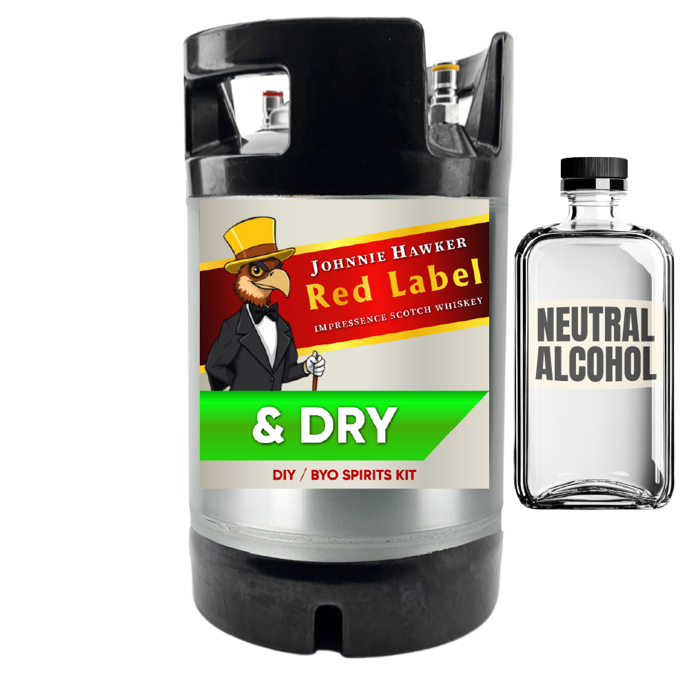 Johnnie Hawker Red Label whiskey keg and bottle of neutral alcohol on a white background